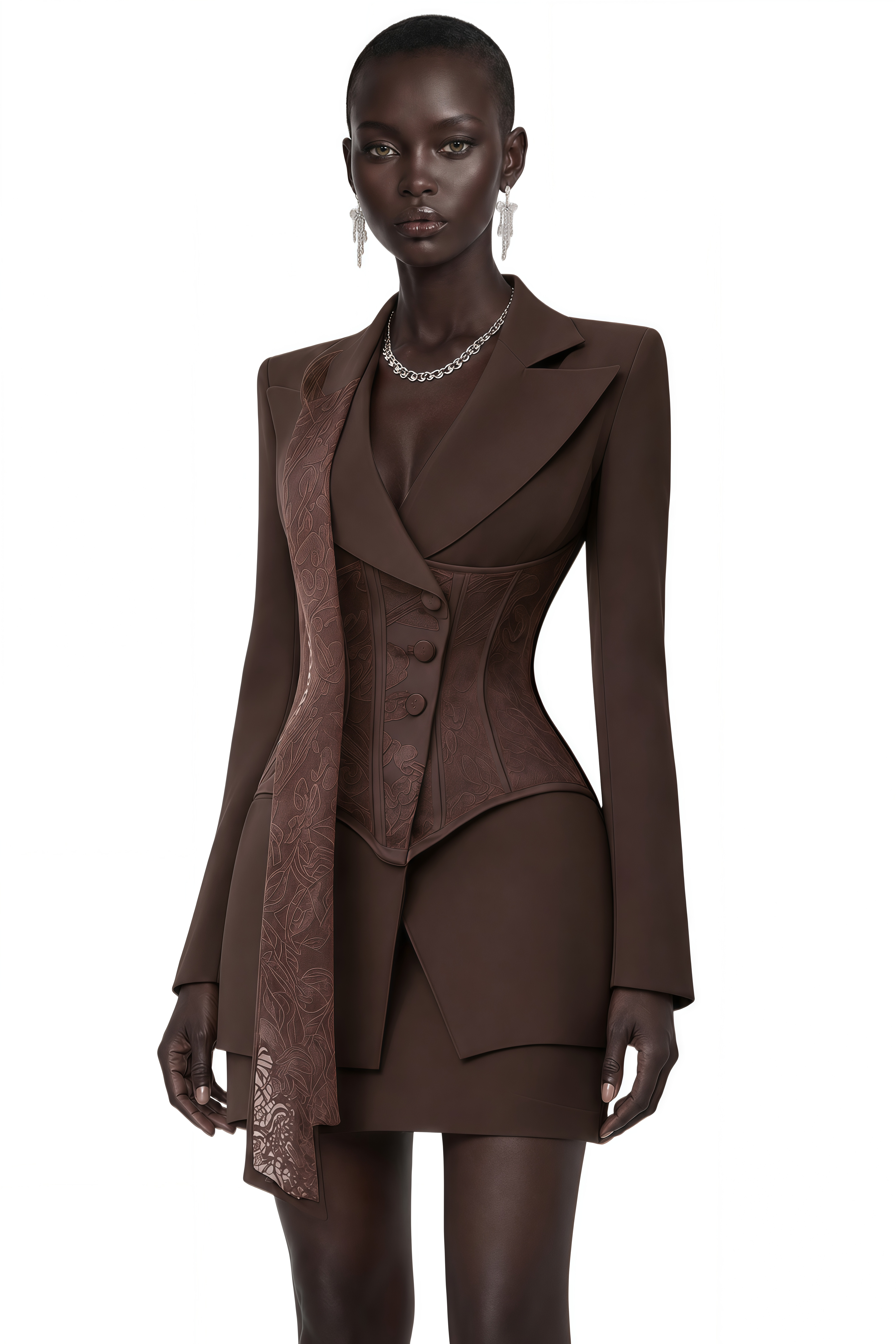Ensemble blazer et jupe marron Sienna avec empiècements en dentelle