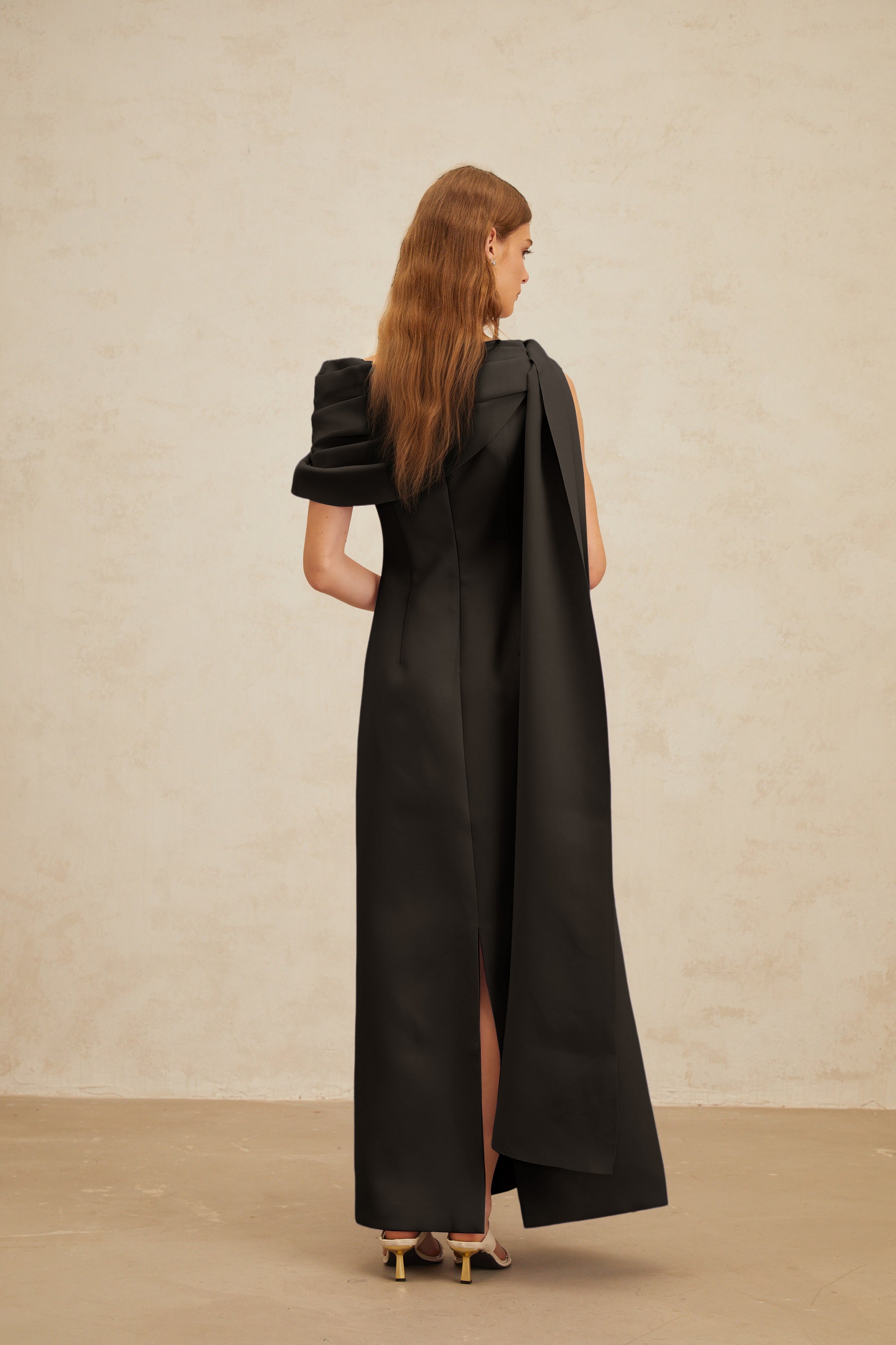 Annabelle Black Cape-Design Ribbon Maxi Dress (Final Sale-US Only)