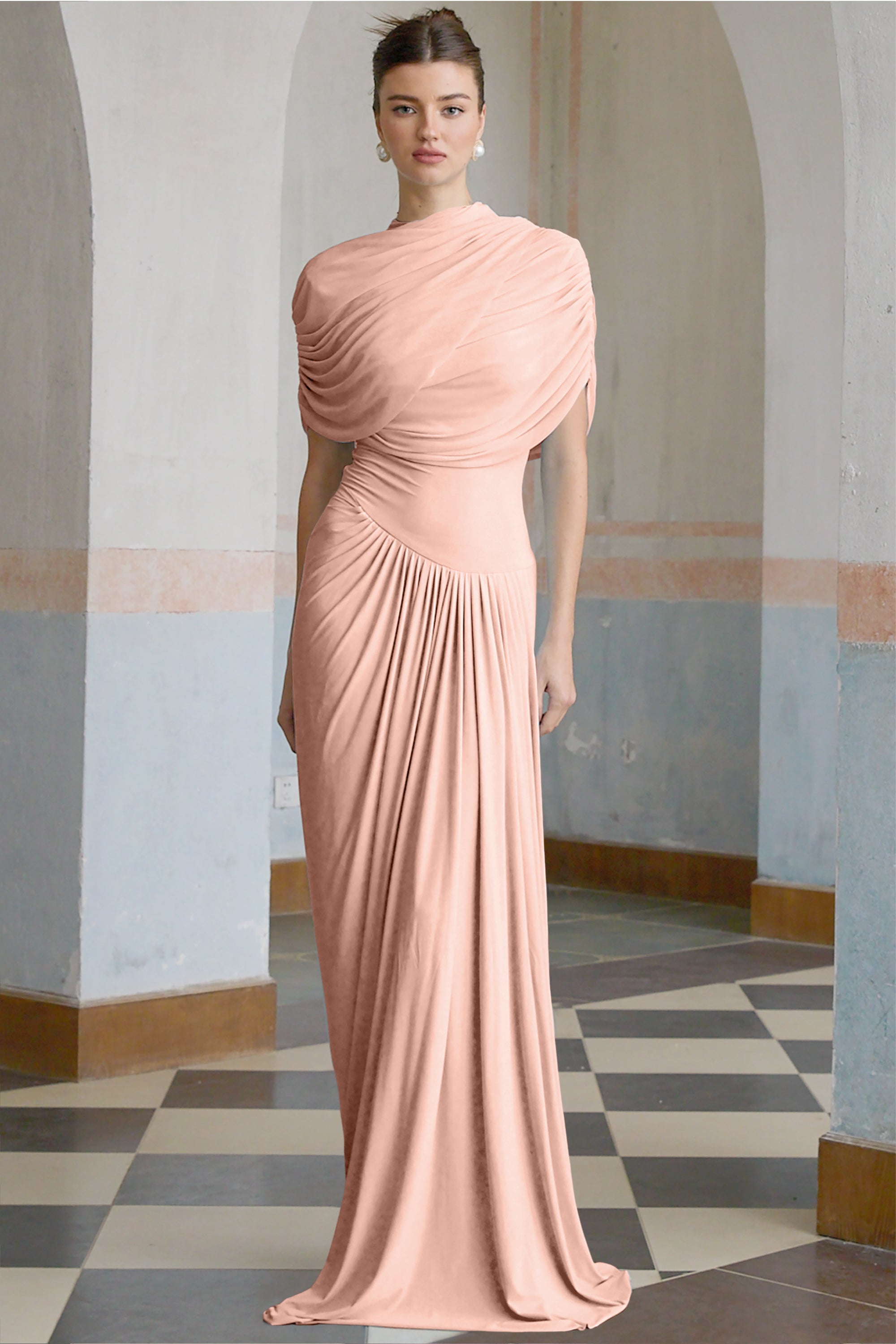 Robe longue asymétrique rose