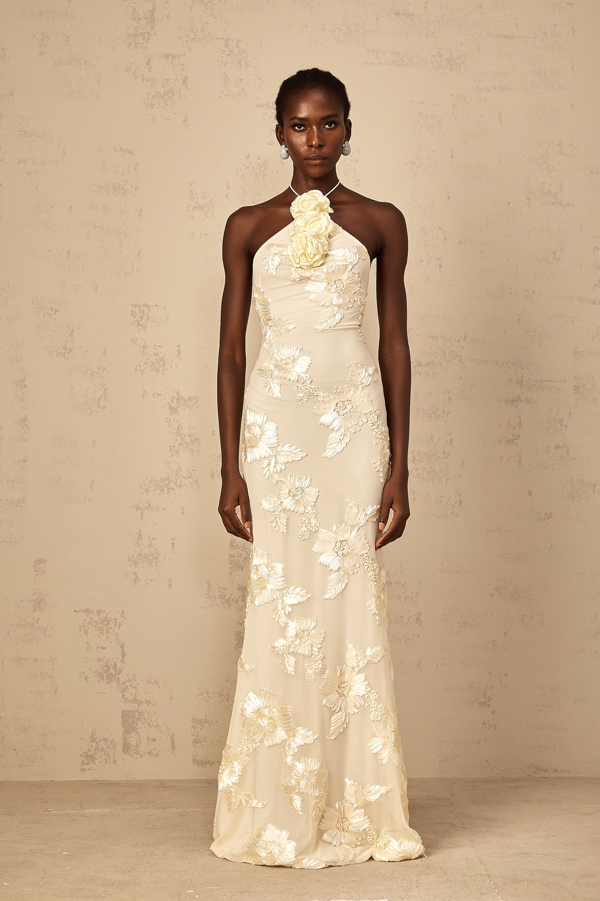 Melanie Neutrals Embroidered Halterneck Maxi Dress (Final Sale-US Only)