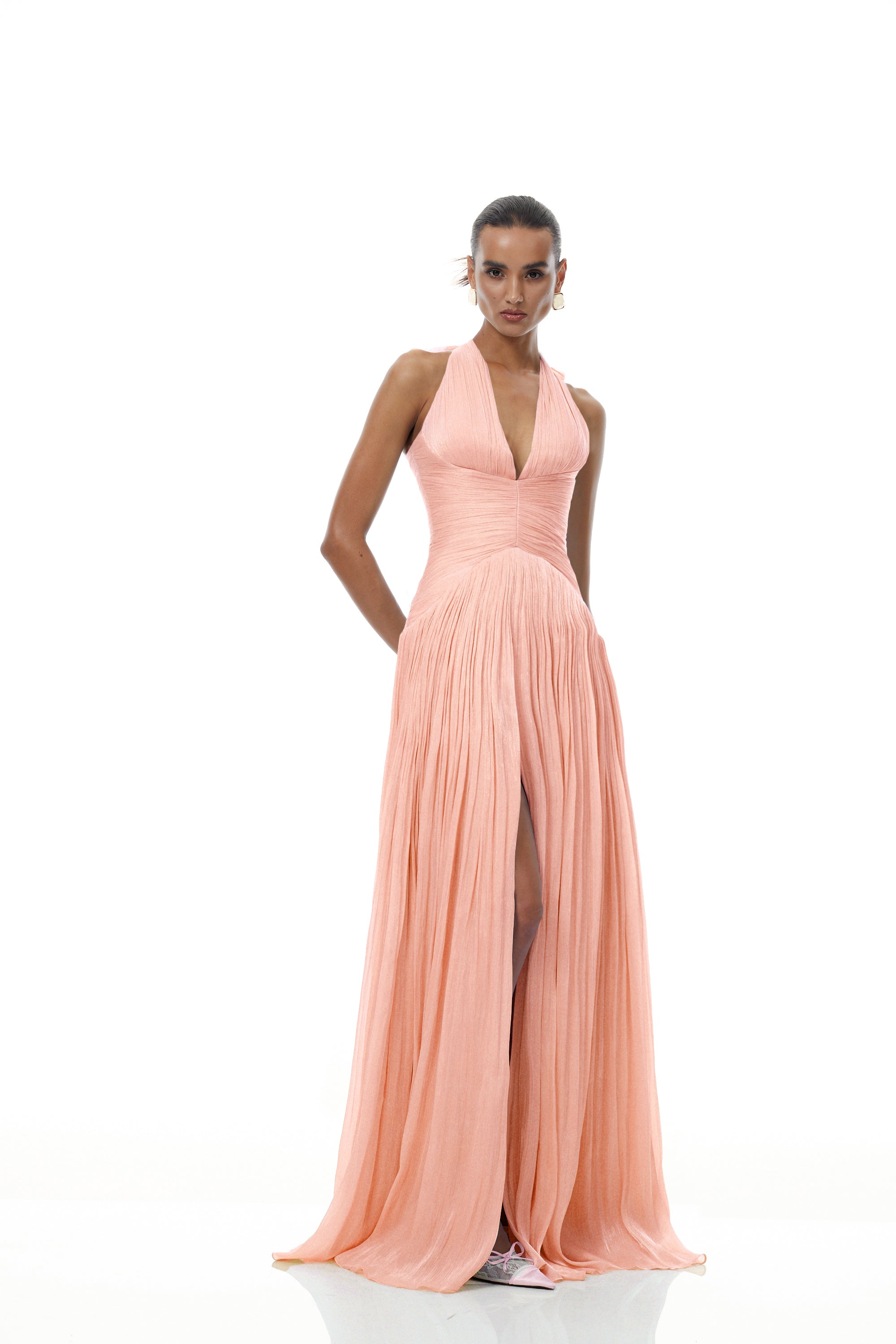 Pink Glossy Gathered Maxi Dress