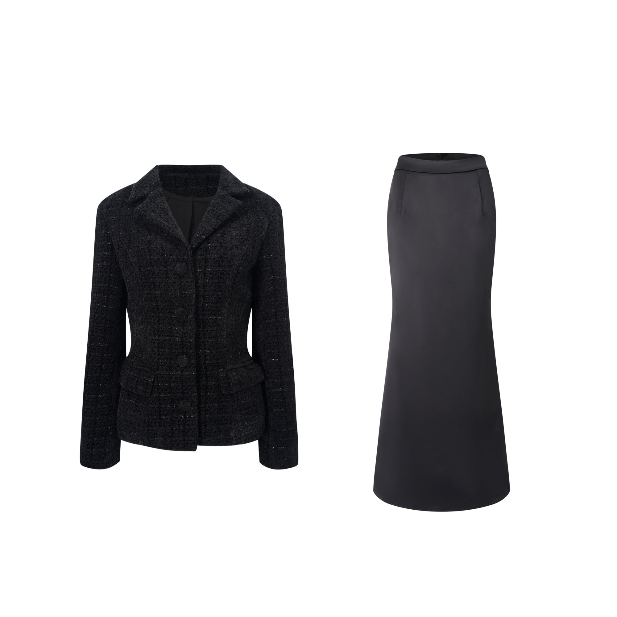Un blazer noir associé à une jupe longue en satin noir