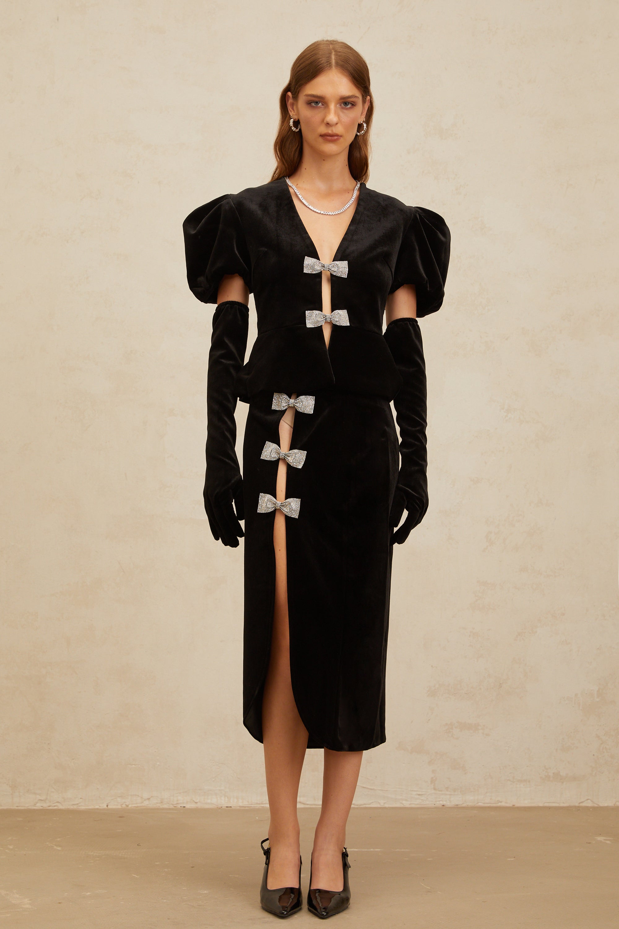 Adèle Black Bowknot Cut-Out Velvet Top & Skirt Matching Set (Final Sale-US Only)