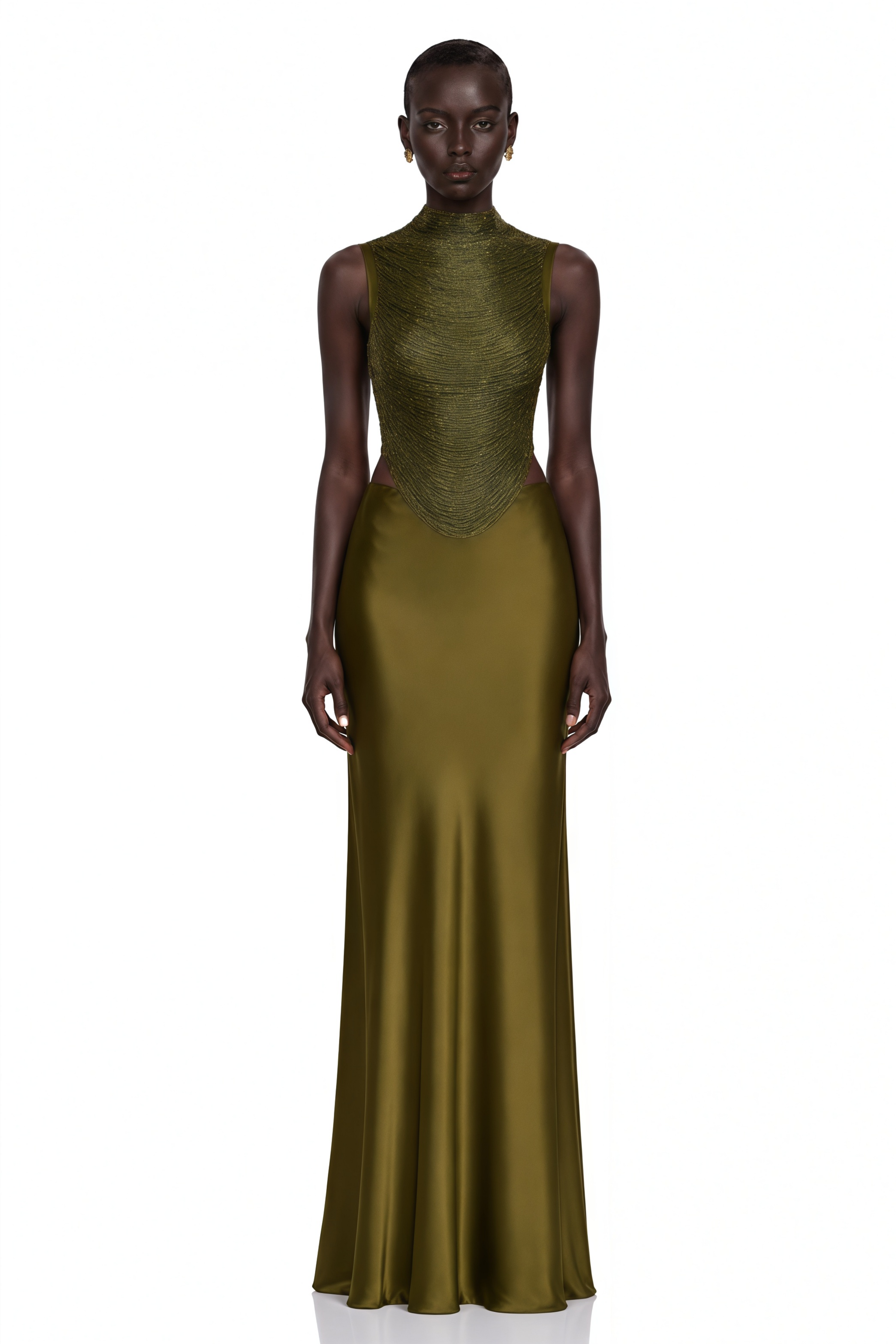 Olive green sleeveless maxi dress with a satin skirt