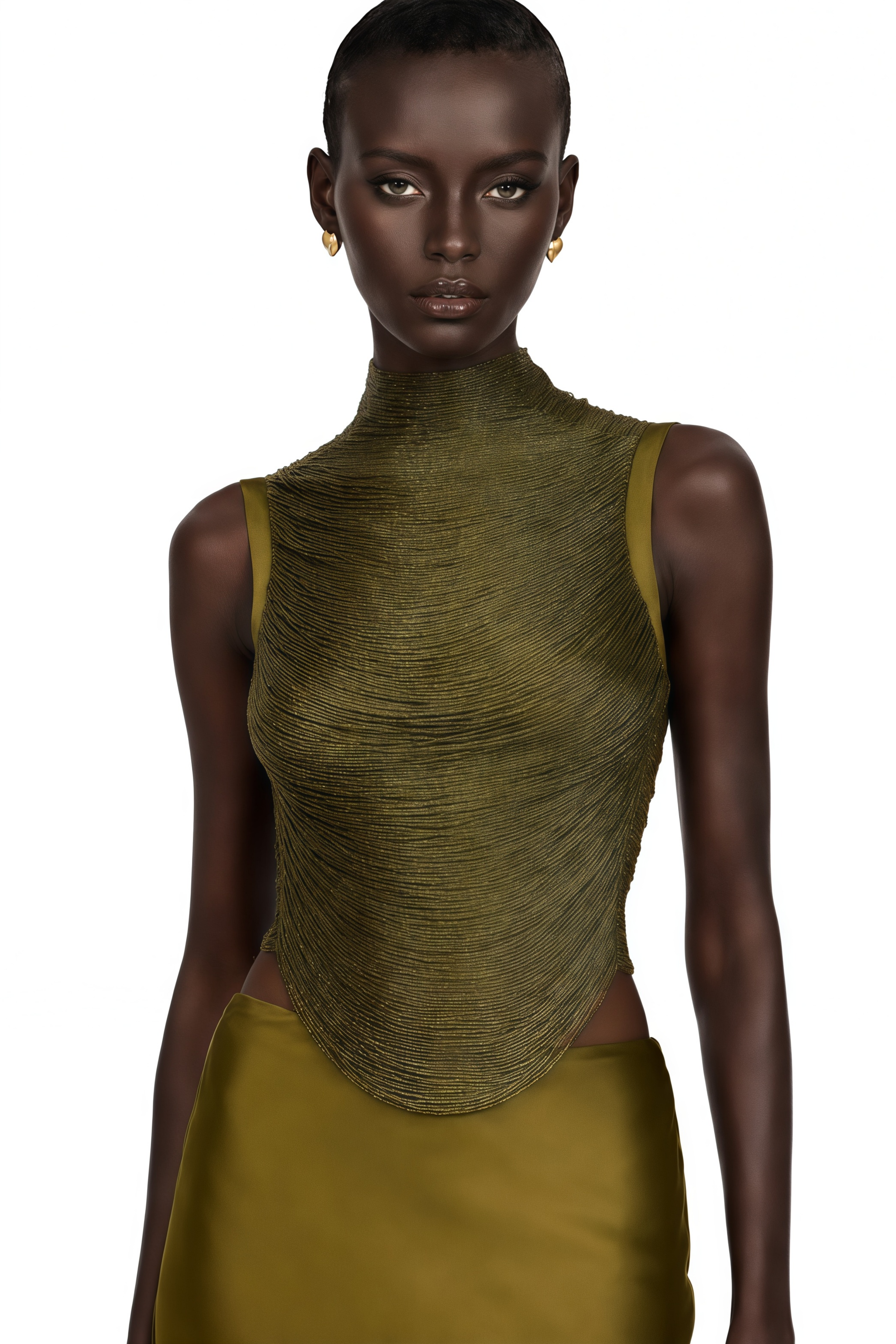 Olive green sleeveless maxi dress with a satin skirt