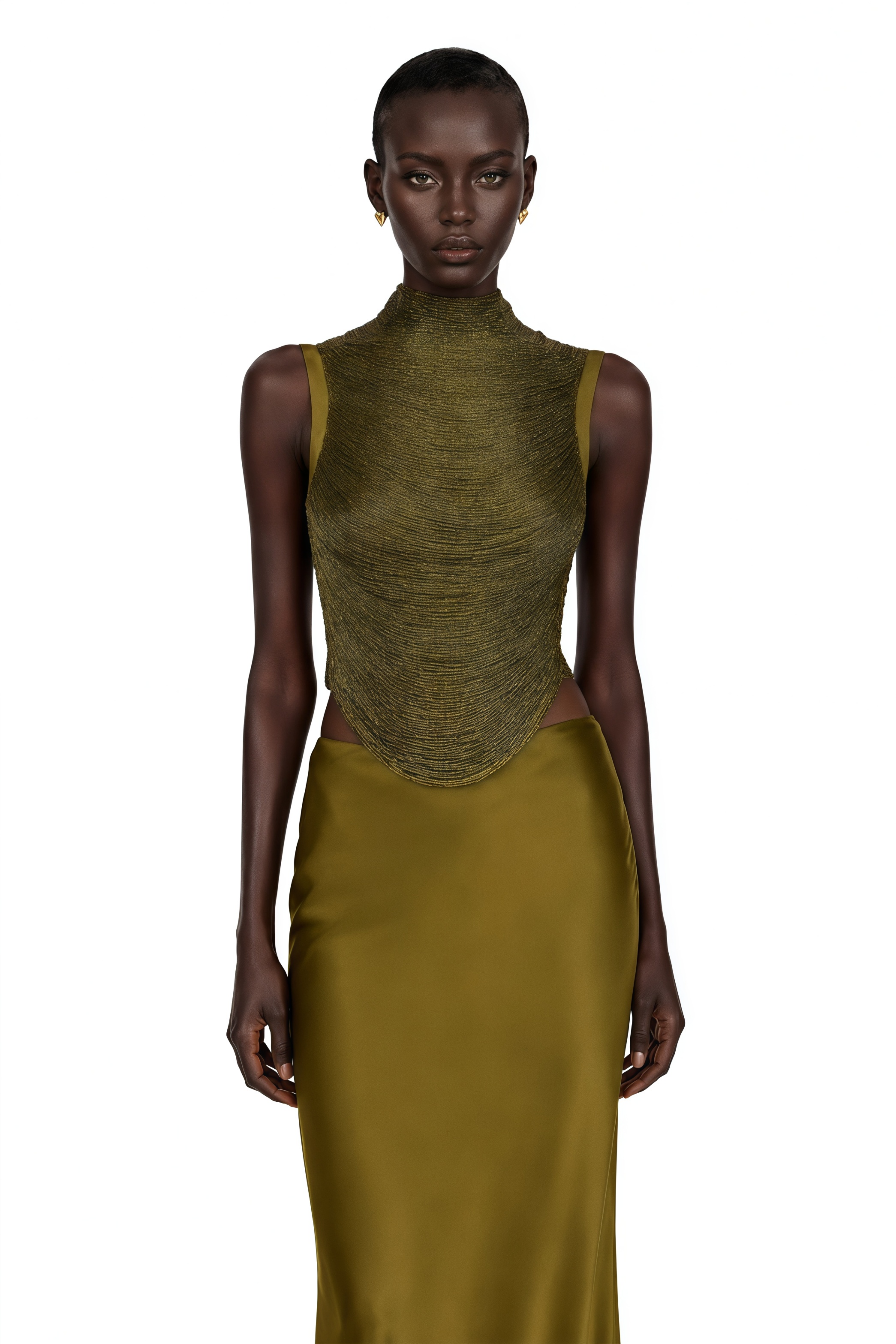 Olive green sleeveless maxi dress with a satin skirt