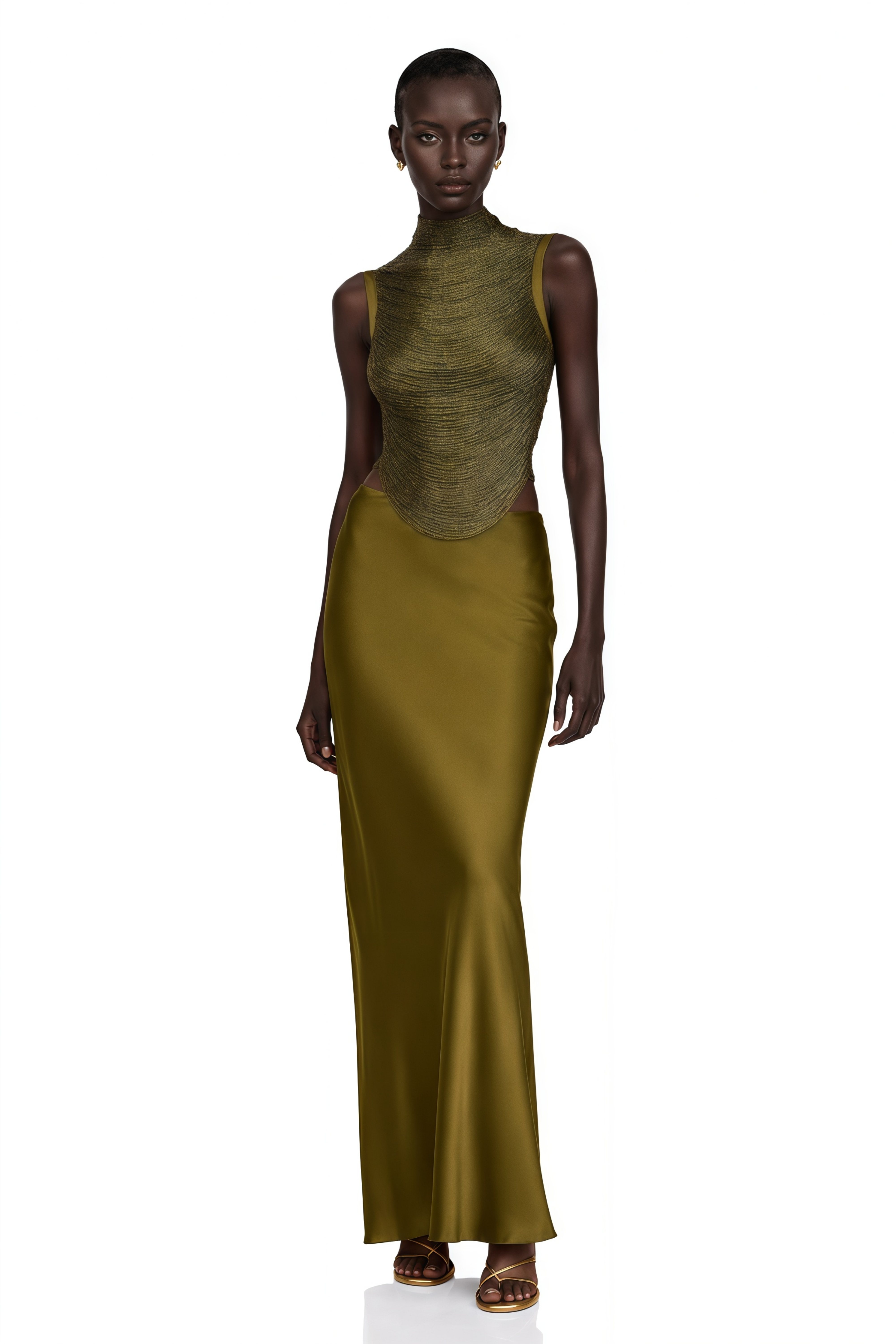 Olive green sleeveless maxi dress with a satin skirt