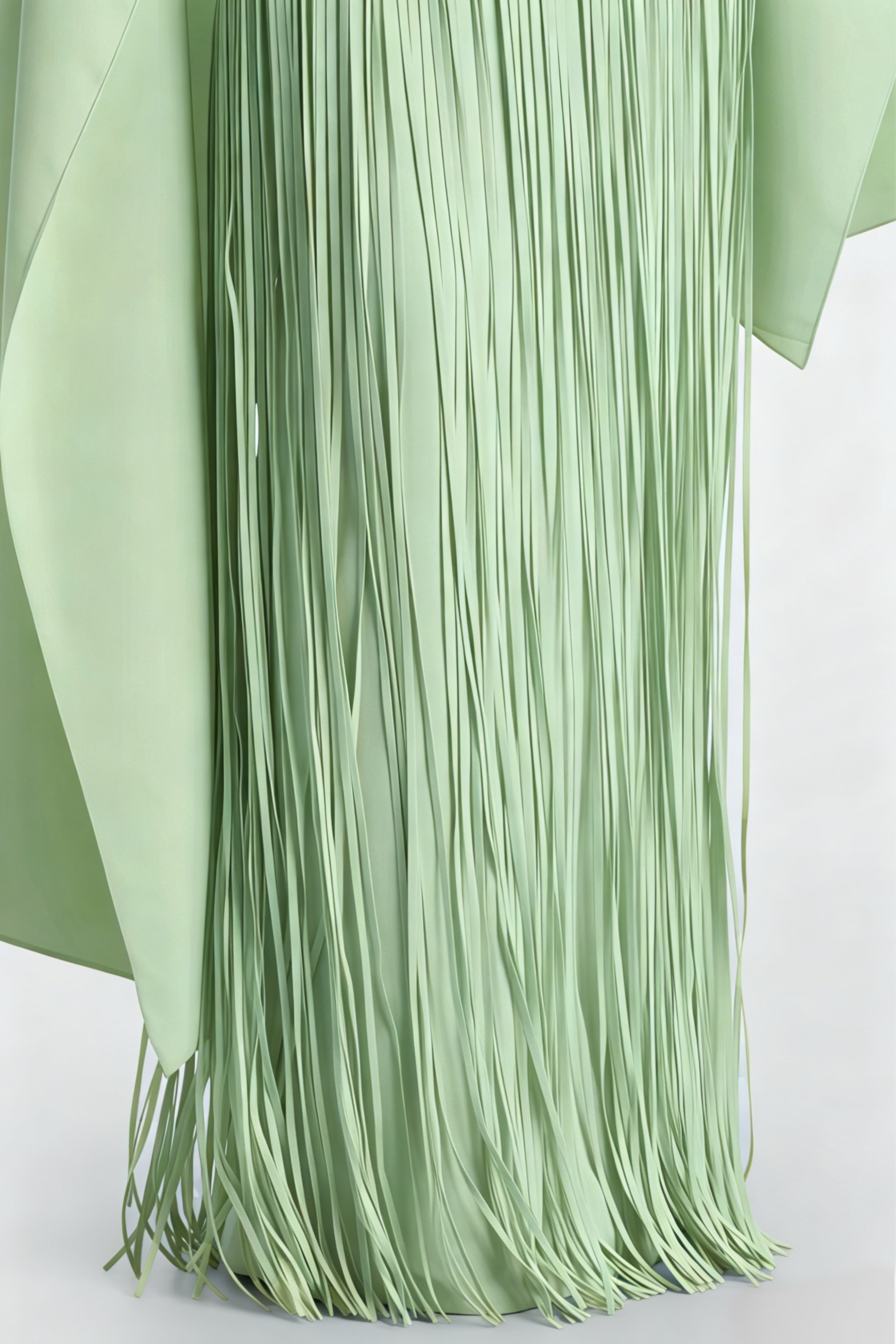 Mint Green Cape Maxi Dress with Long Fringe Skirt and Asymmetrical Hem