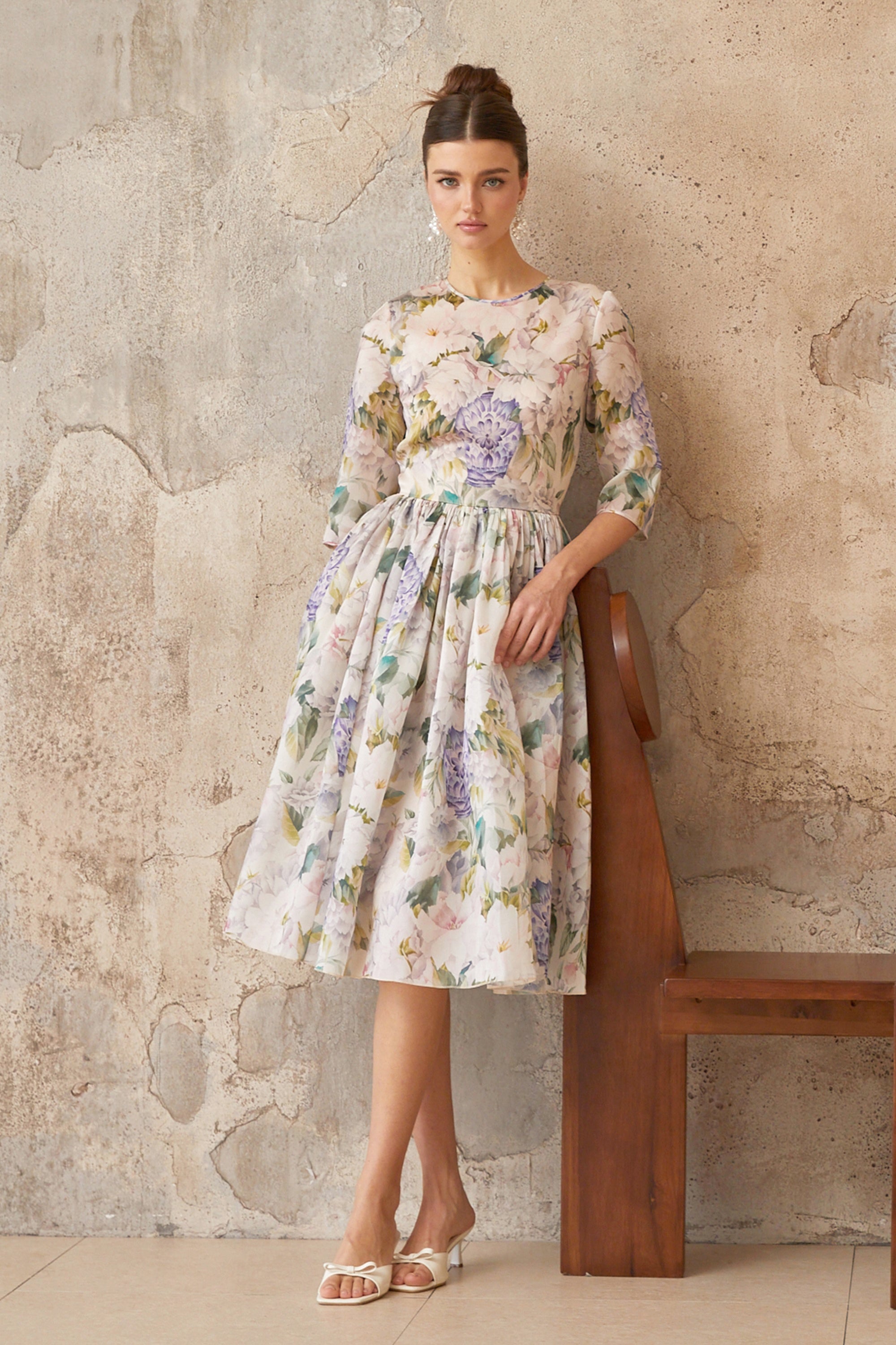 Lydie Floral Print Shirred Midi Dress (Final Sale)