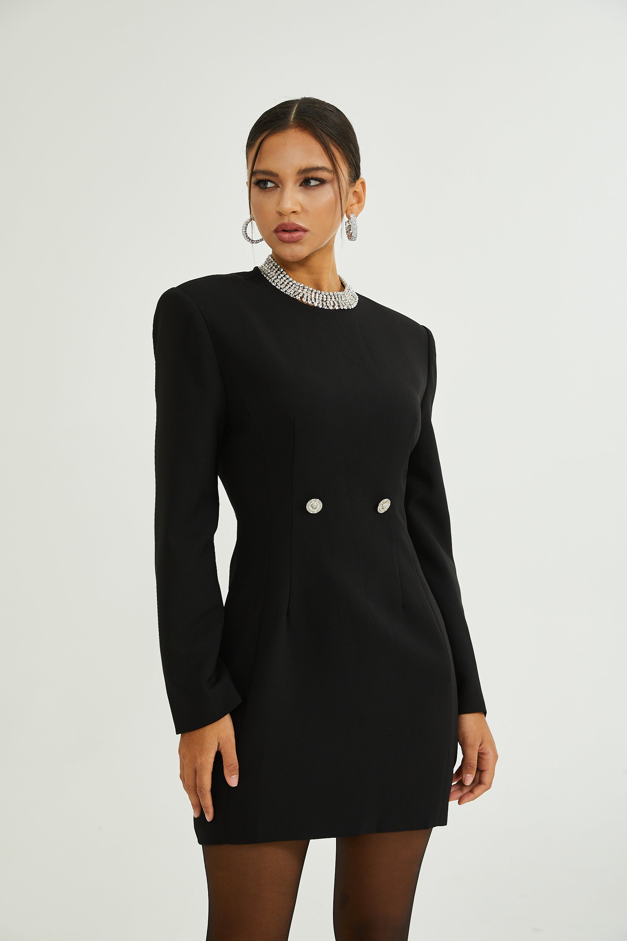 Magali black hourglass shoulder-padded mini dress