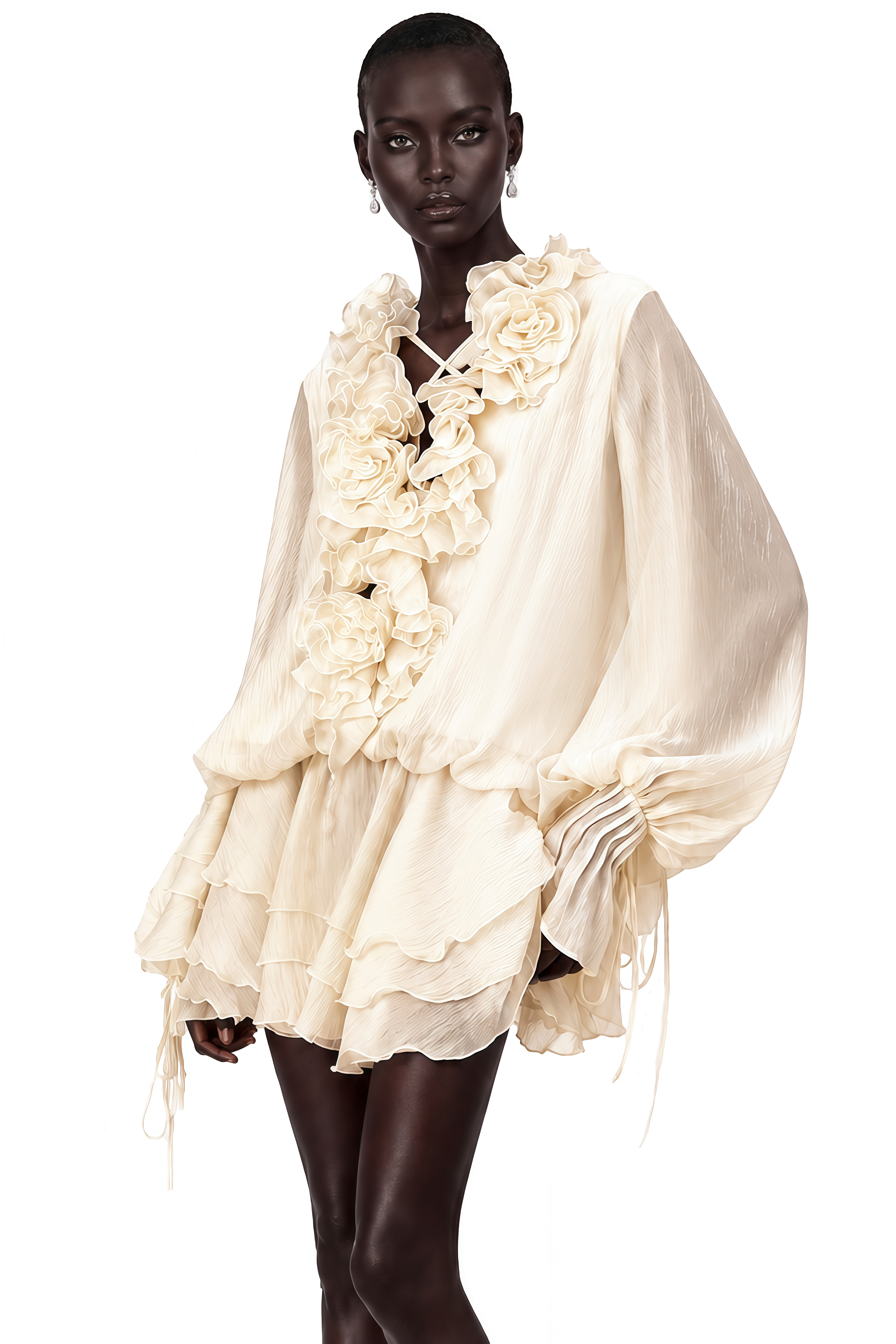 Zéphyrine Floral-Appliqué Tiered Mini Dress in Neutrals