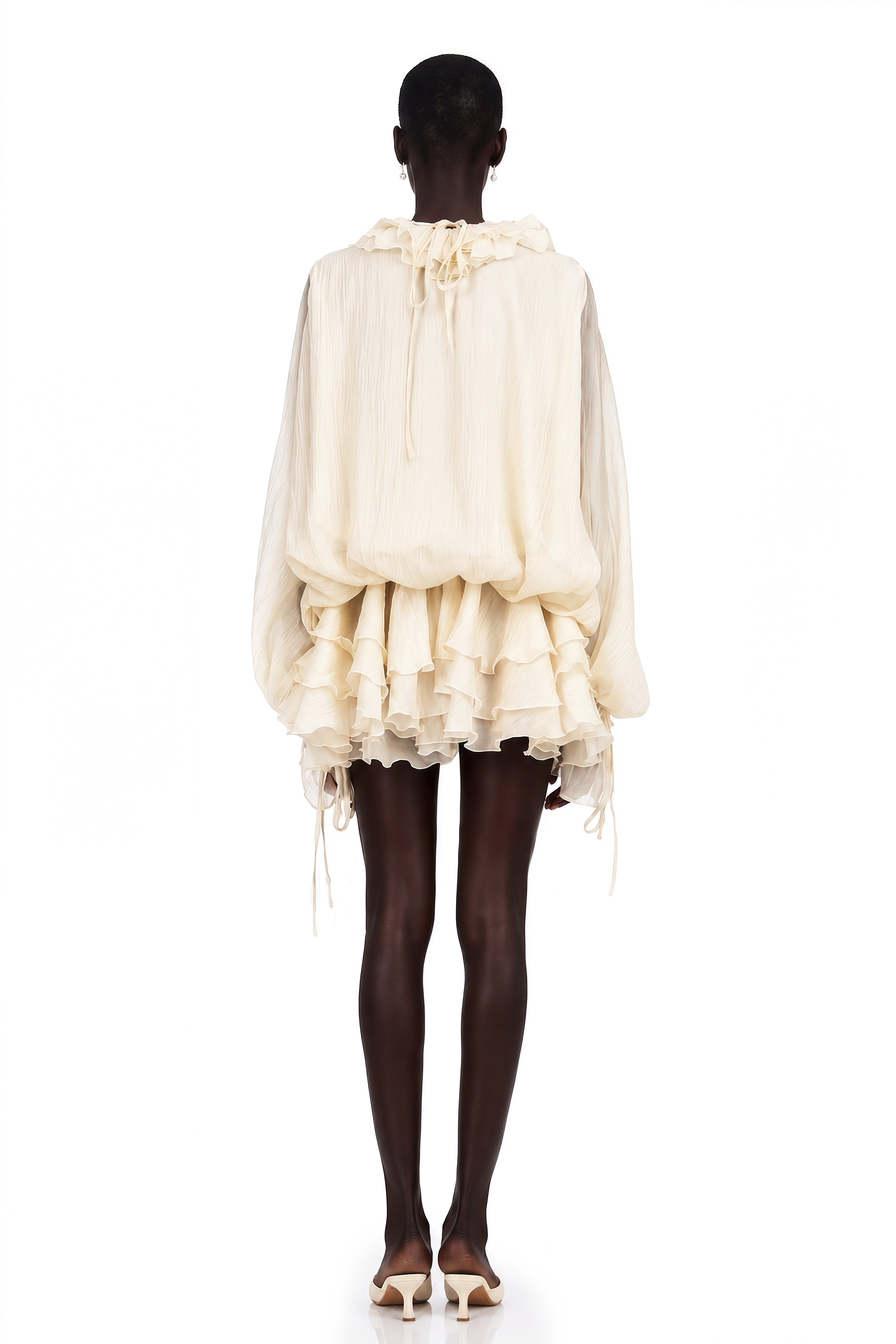 Zéphyrine Floral-Appliqué Tiered Mini Dress in Neutrals