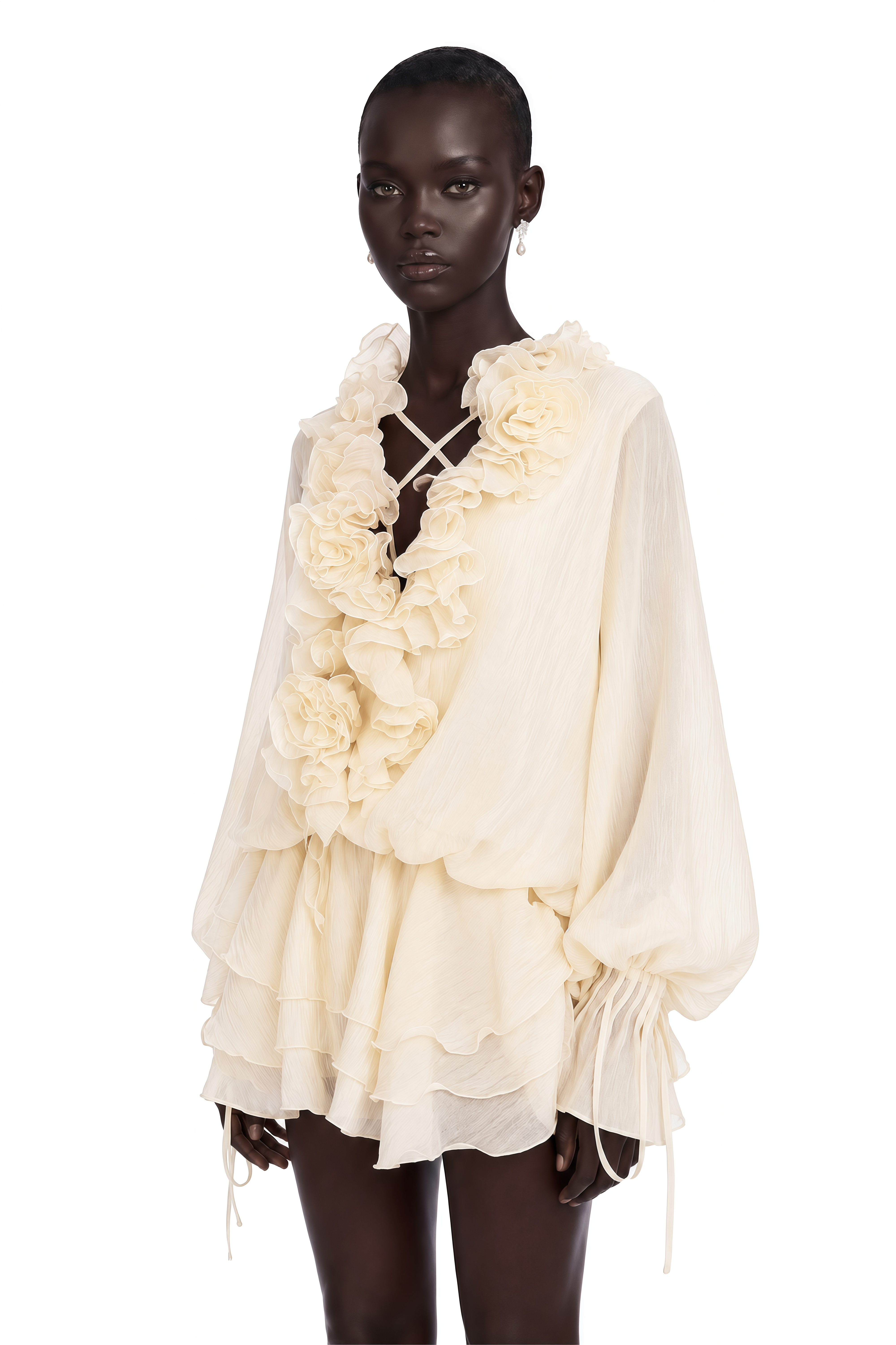 Zéphyrine Floral-Appliqué Tiered Mini Dress in Neutrals