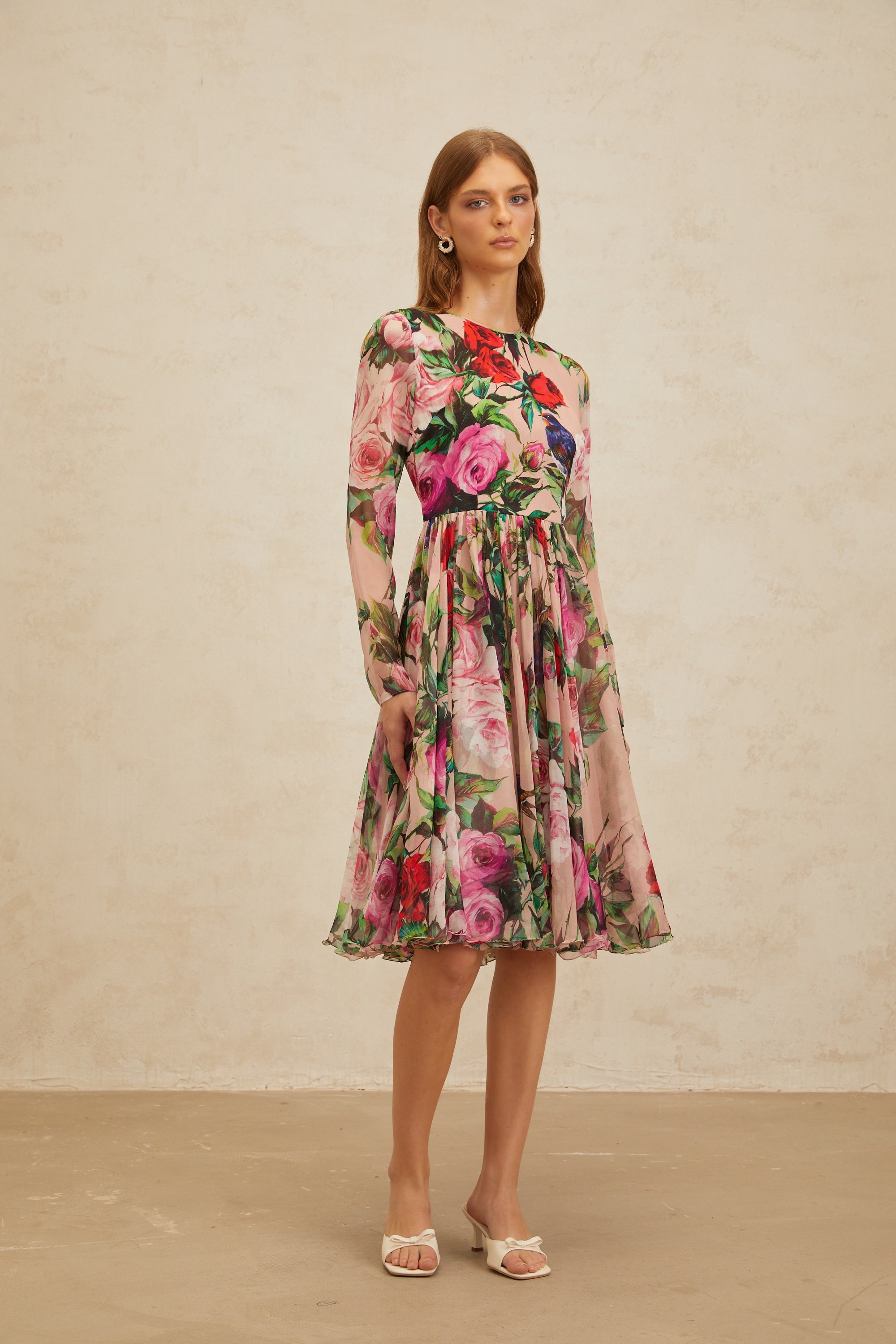 Coralie Pink Rose Print Summer Silk Midi Dress (Final Sale-US Only)