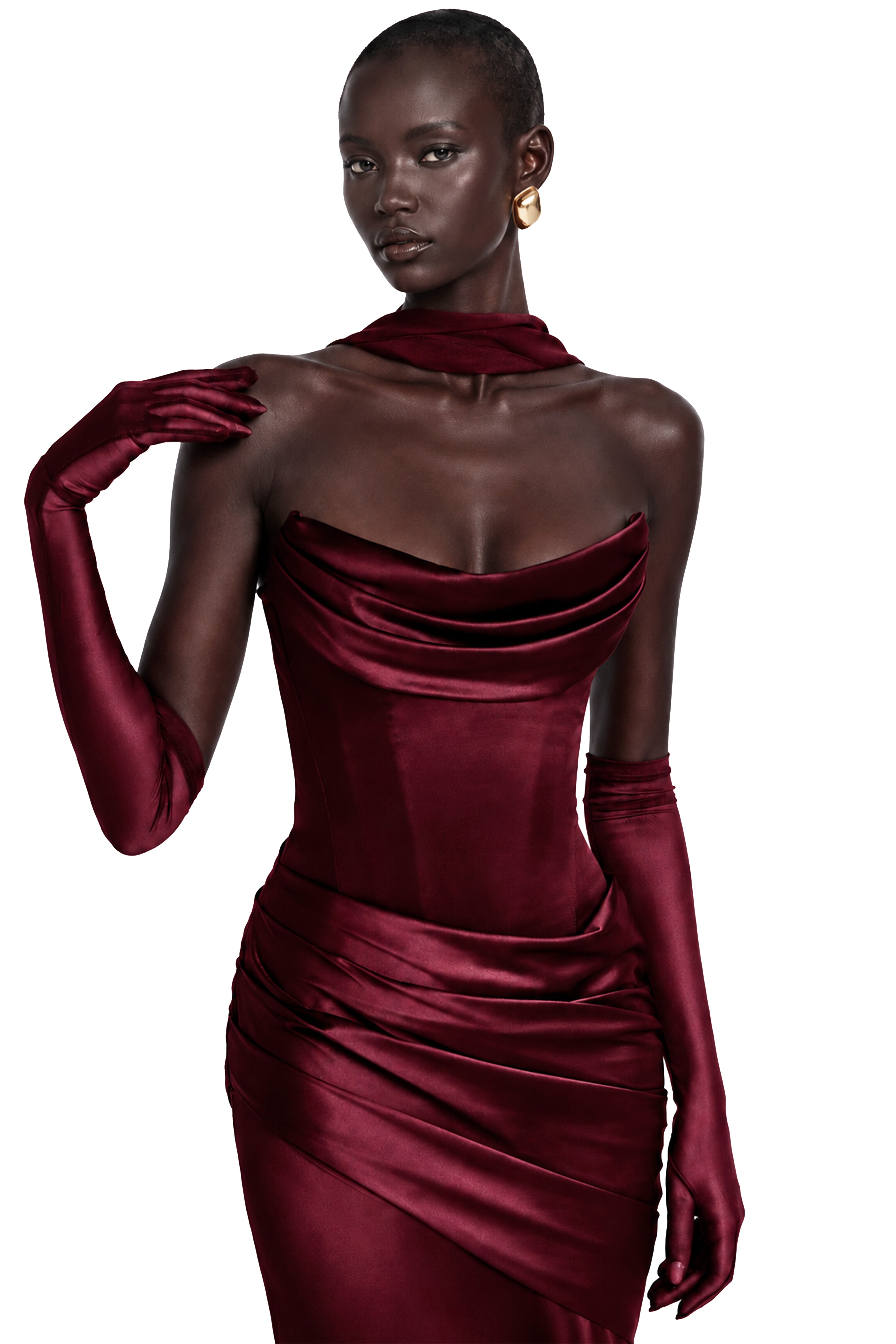 Burgundy strapless satin gown with gloves