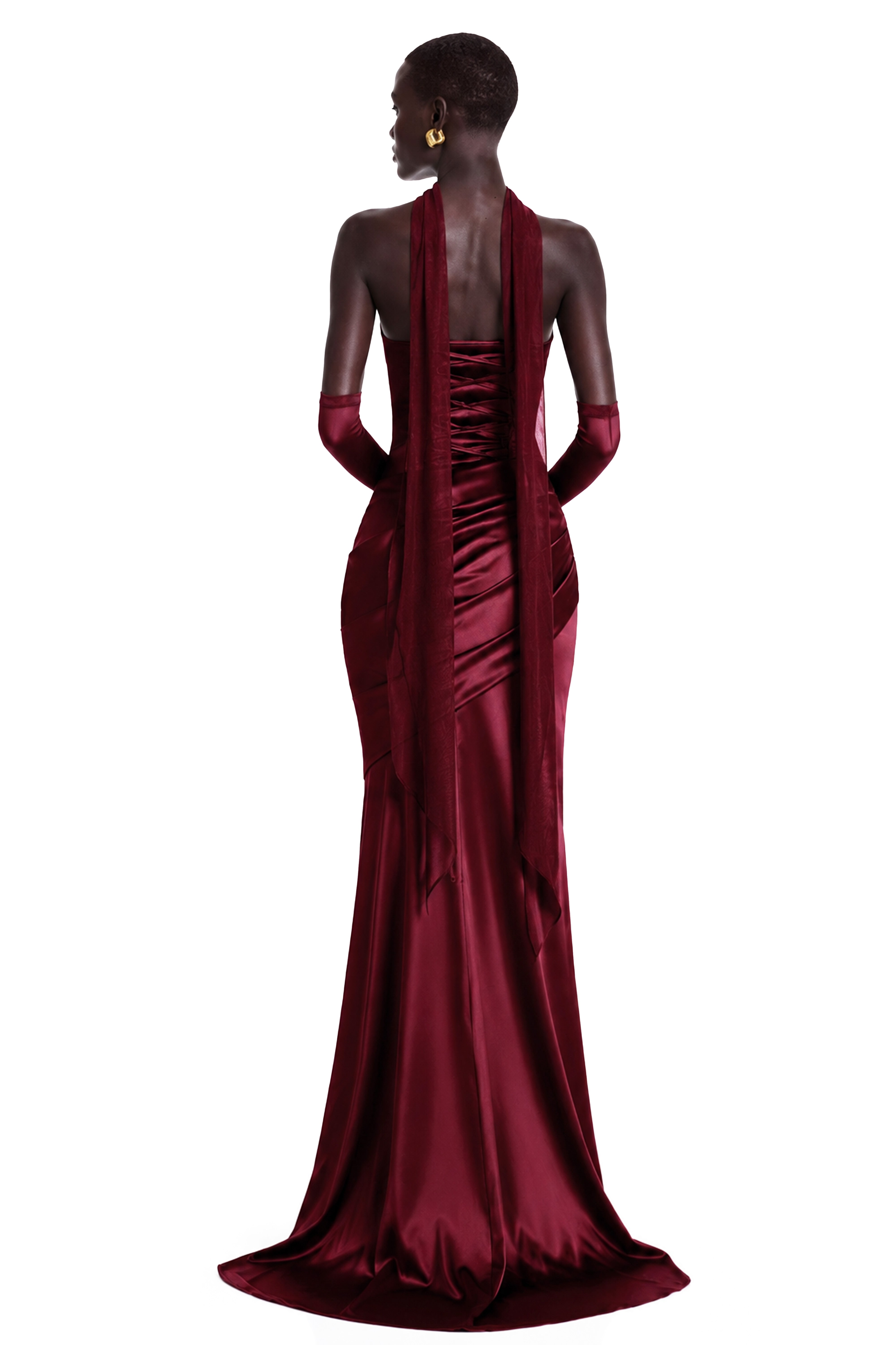Burgundy strapless satin gown with gloves