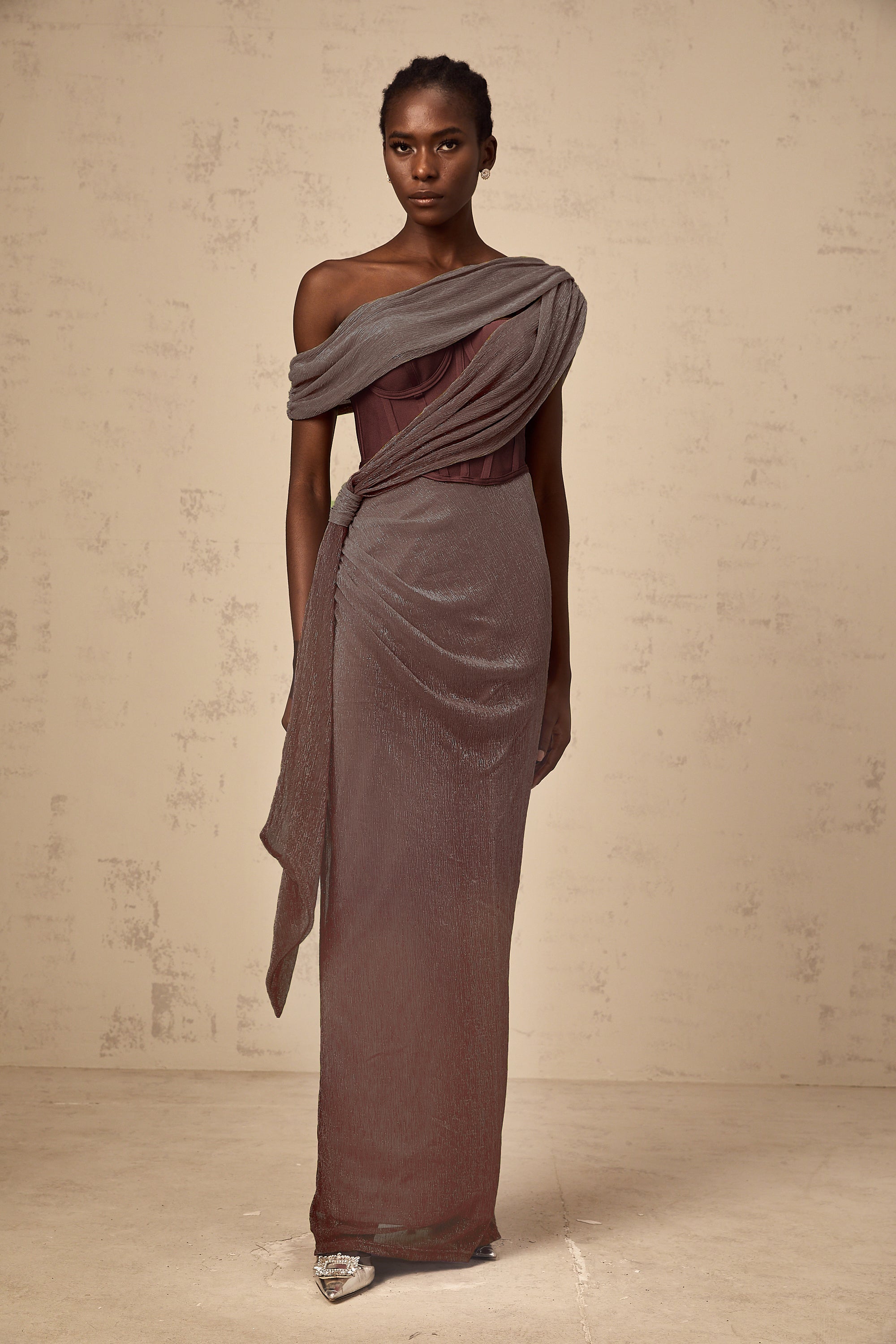 Delphine ribbon-design corset maxi dress in Brown (Final Sale-US Only)