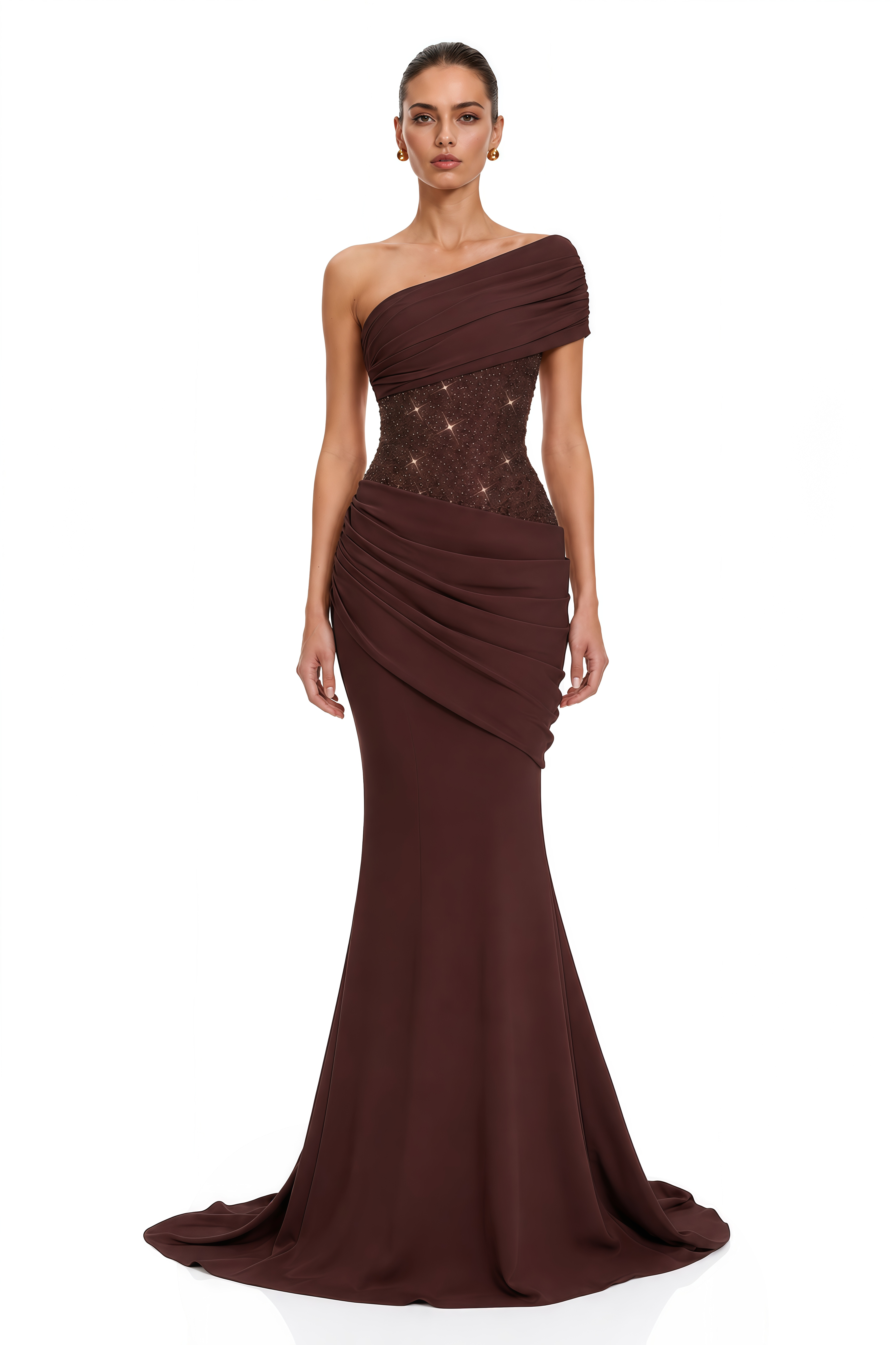 Giada Brown Sequined Asymmetrical Ruched Maxi Gown (Final Sale-US Only)
