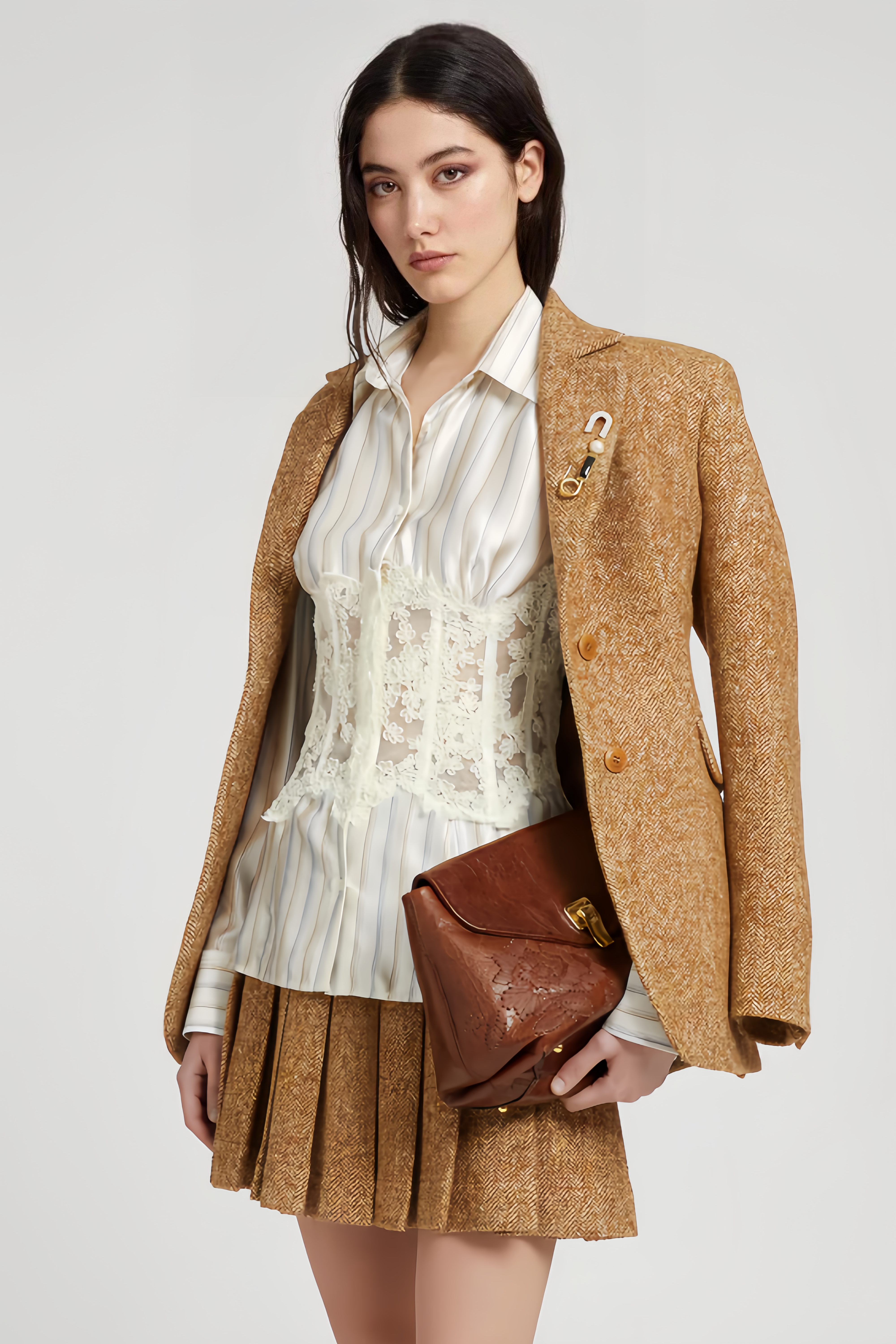 Vertical Striped Button-Up Shirt with Integrated White Lace Corset Waist and Long Sleeves