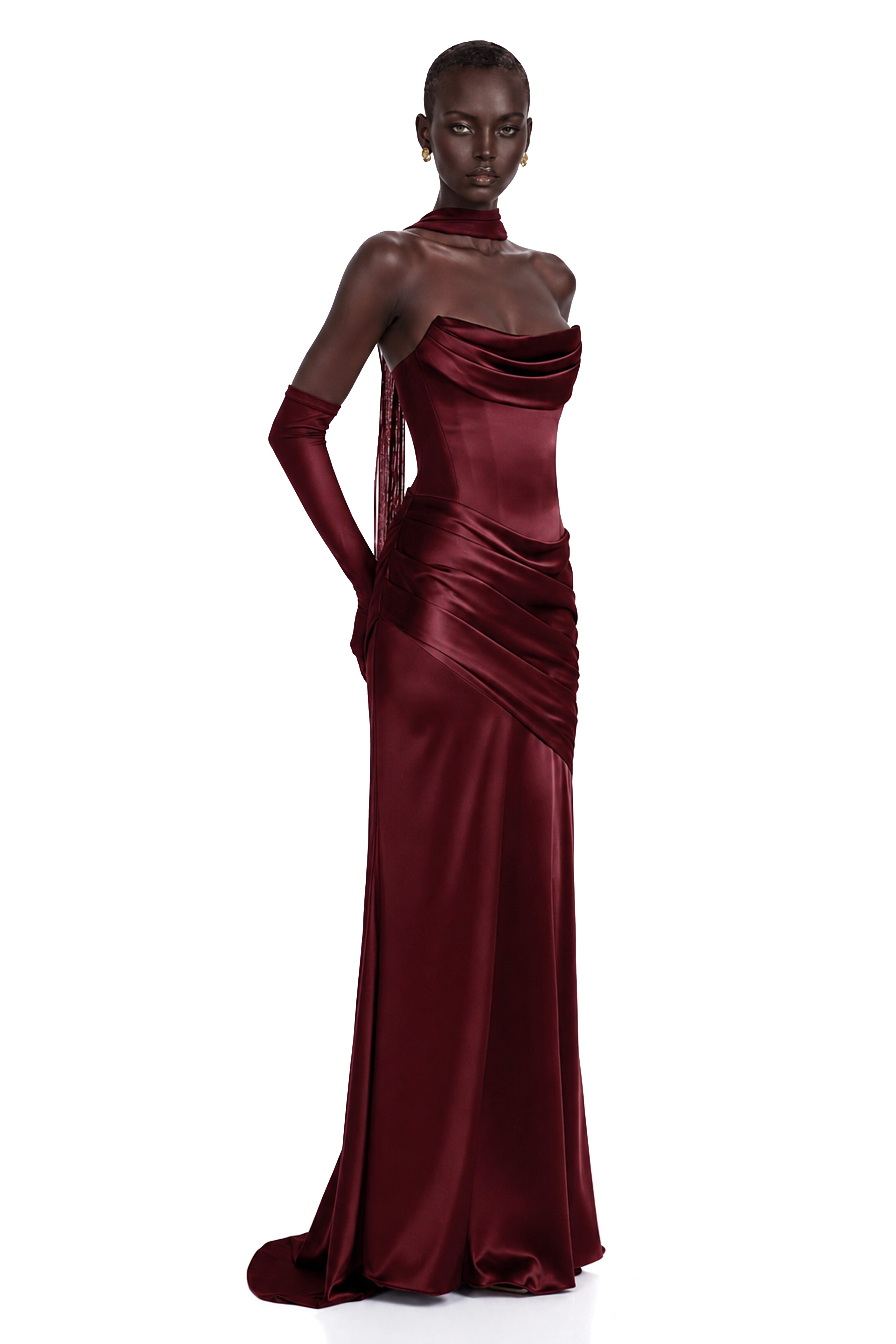 Burgundy strapless satin gown with gloves