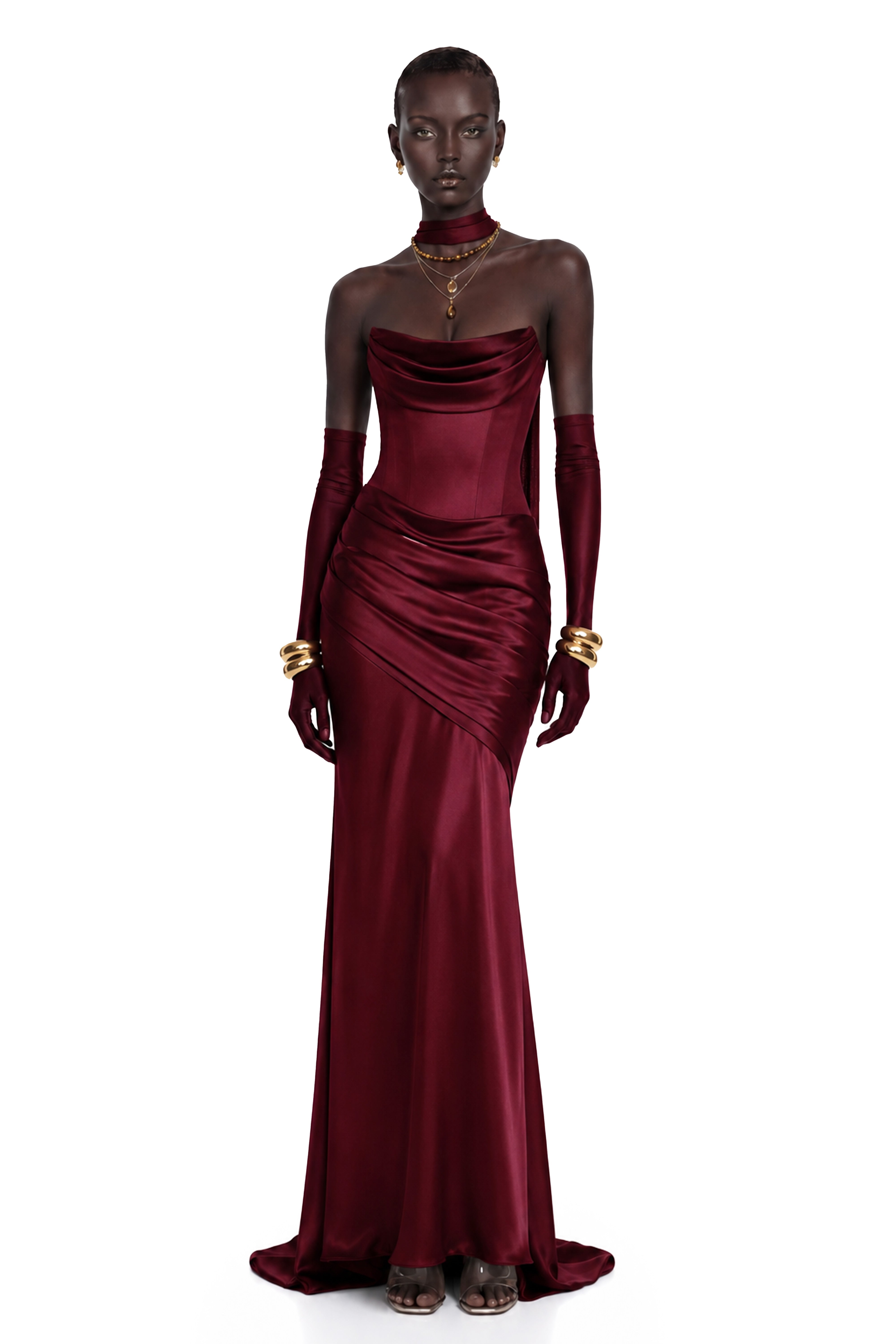 Burgundy strapless satin gown with gloves