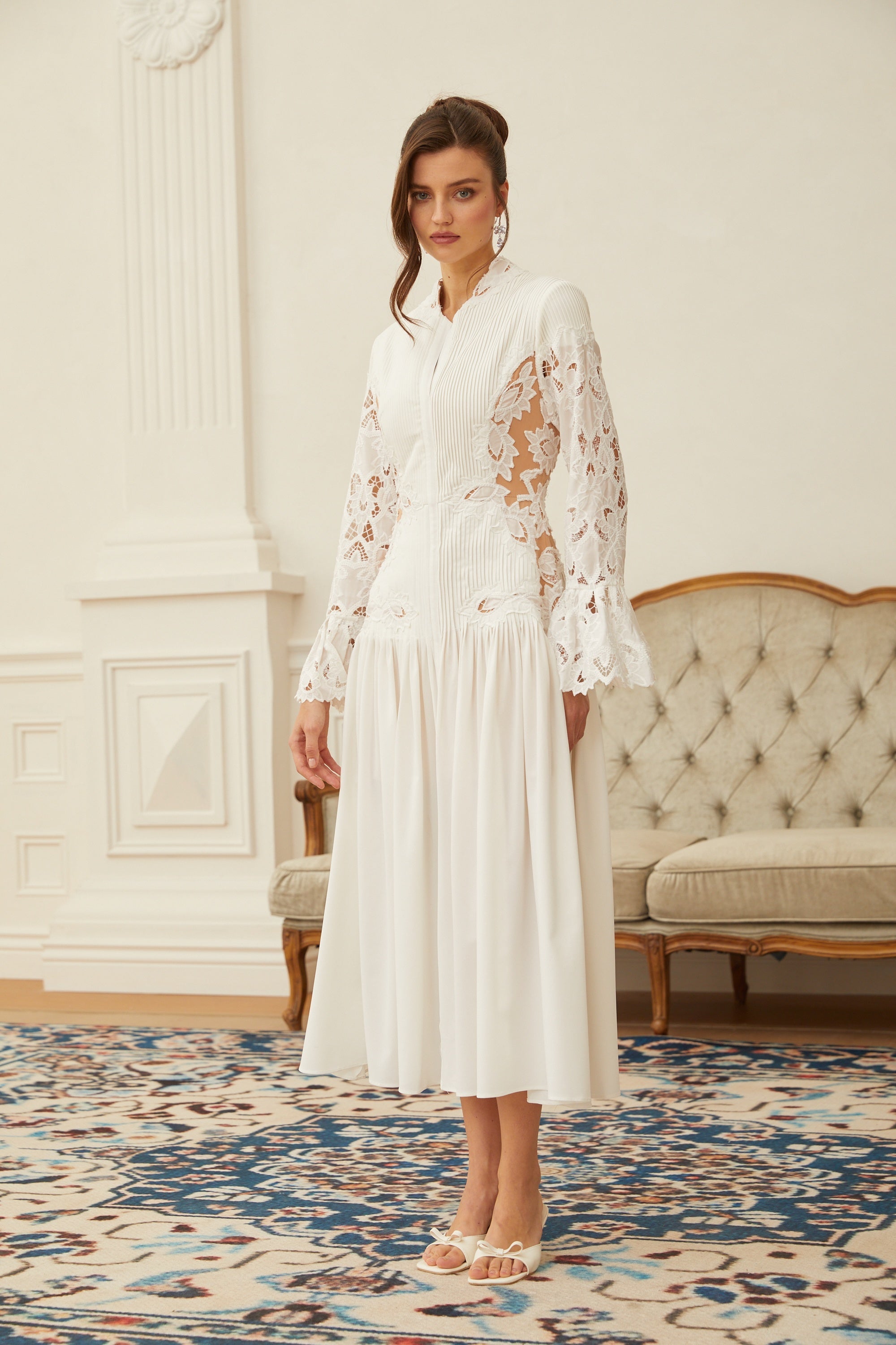 Chiara White Lace Panel Pleated Midi Dress (Final Sale-US Only)