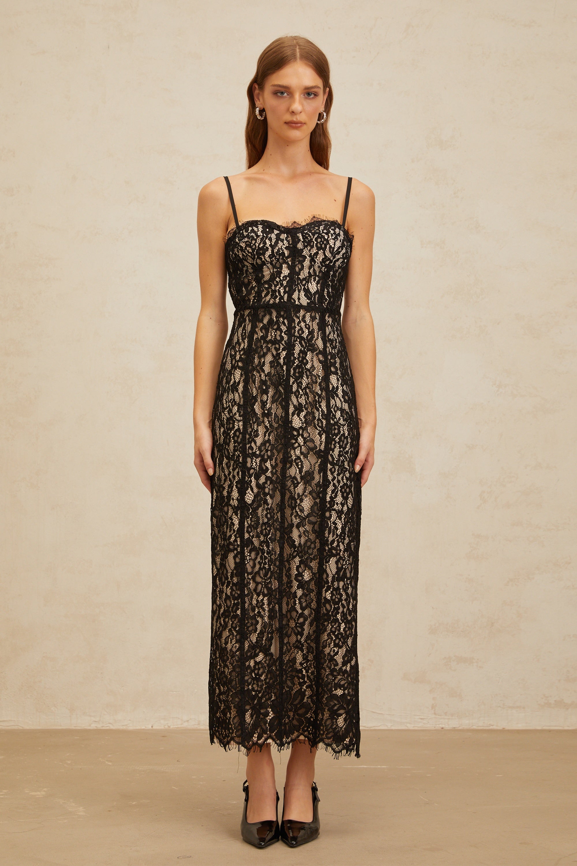Giorgia Black Floral Lace Corset Maxi Dress