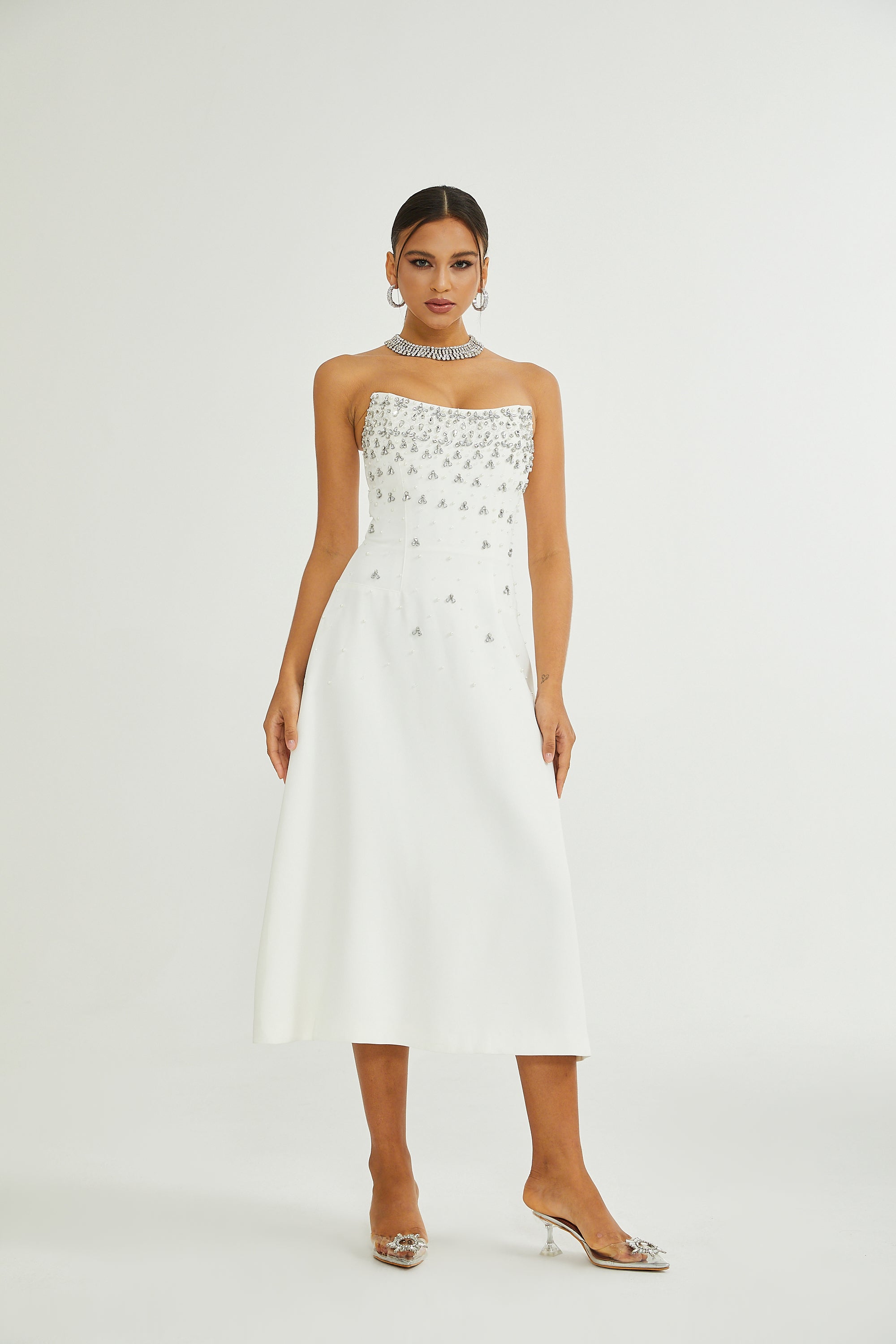 Melisande White Embellished Midi Dress