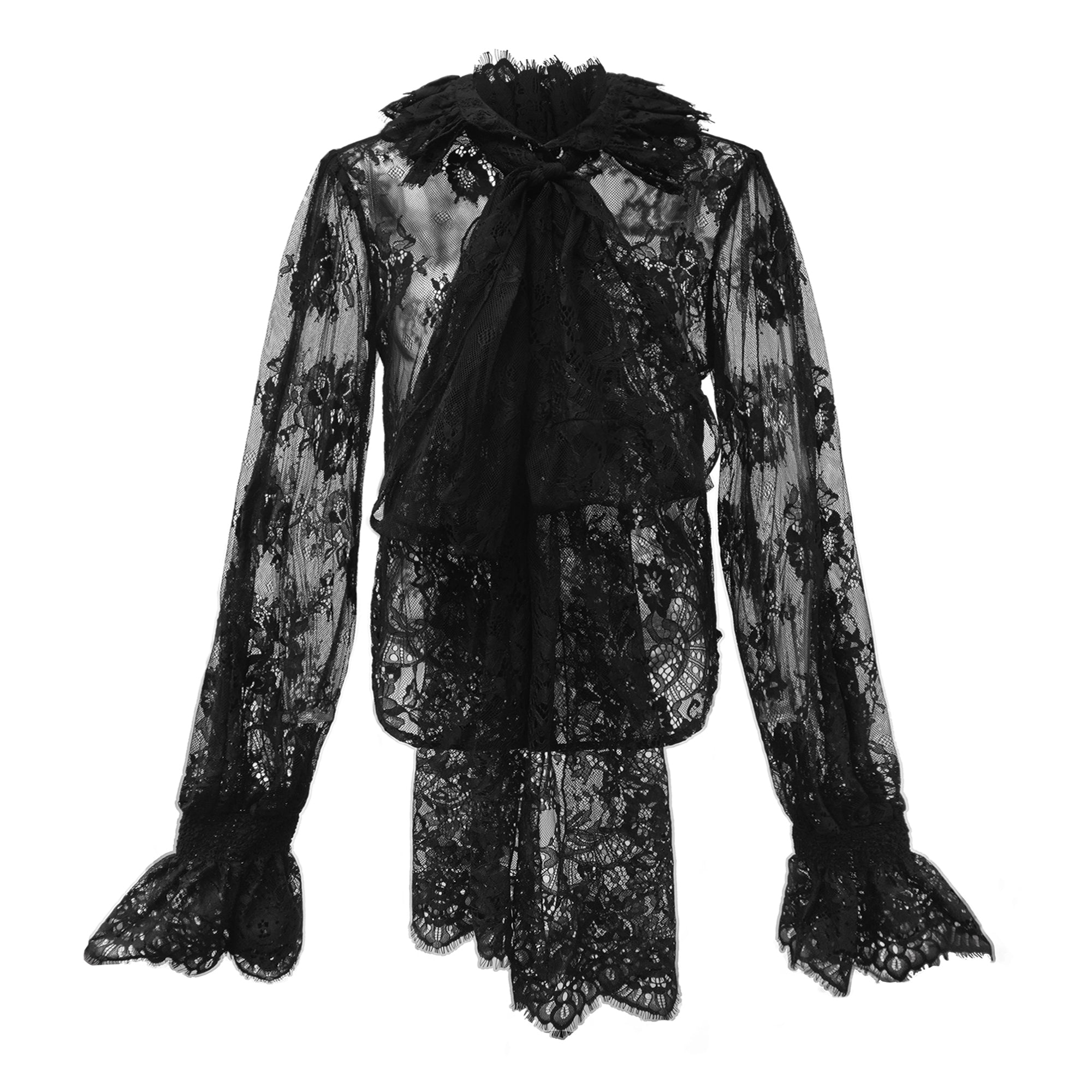 Quintine Black Ribbon Tie-Neck Floral Lace Blouse (Final Sale)