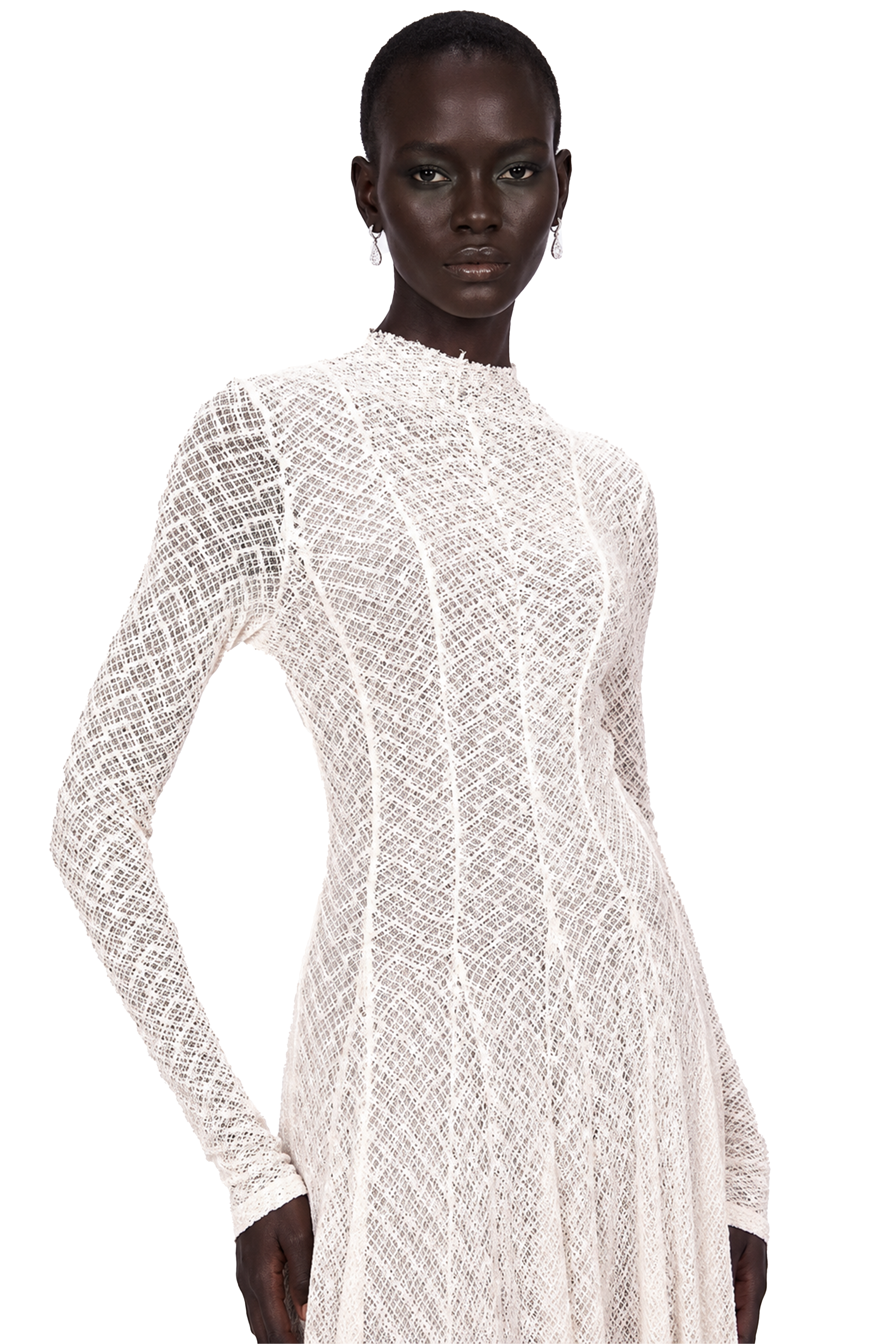 White long-sleeve textured knit gown with a high neck
