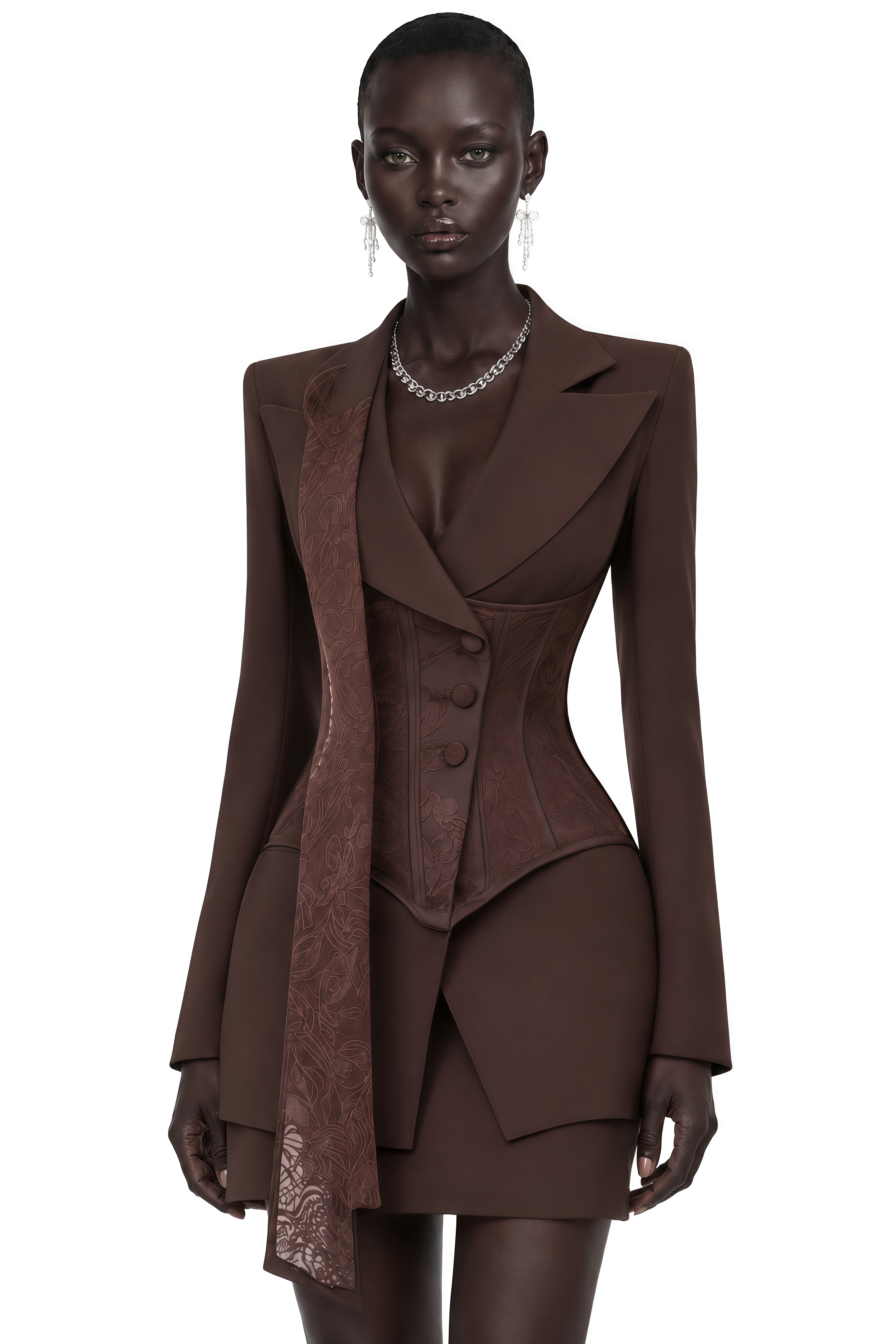 Ensemble blazer et jupe marron Sienna avec empiècements en dentelle