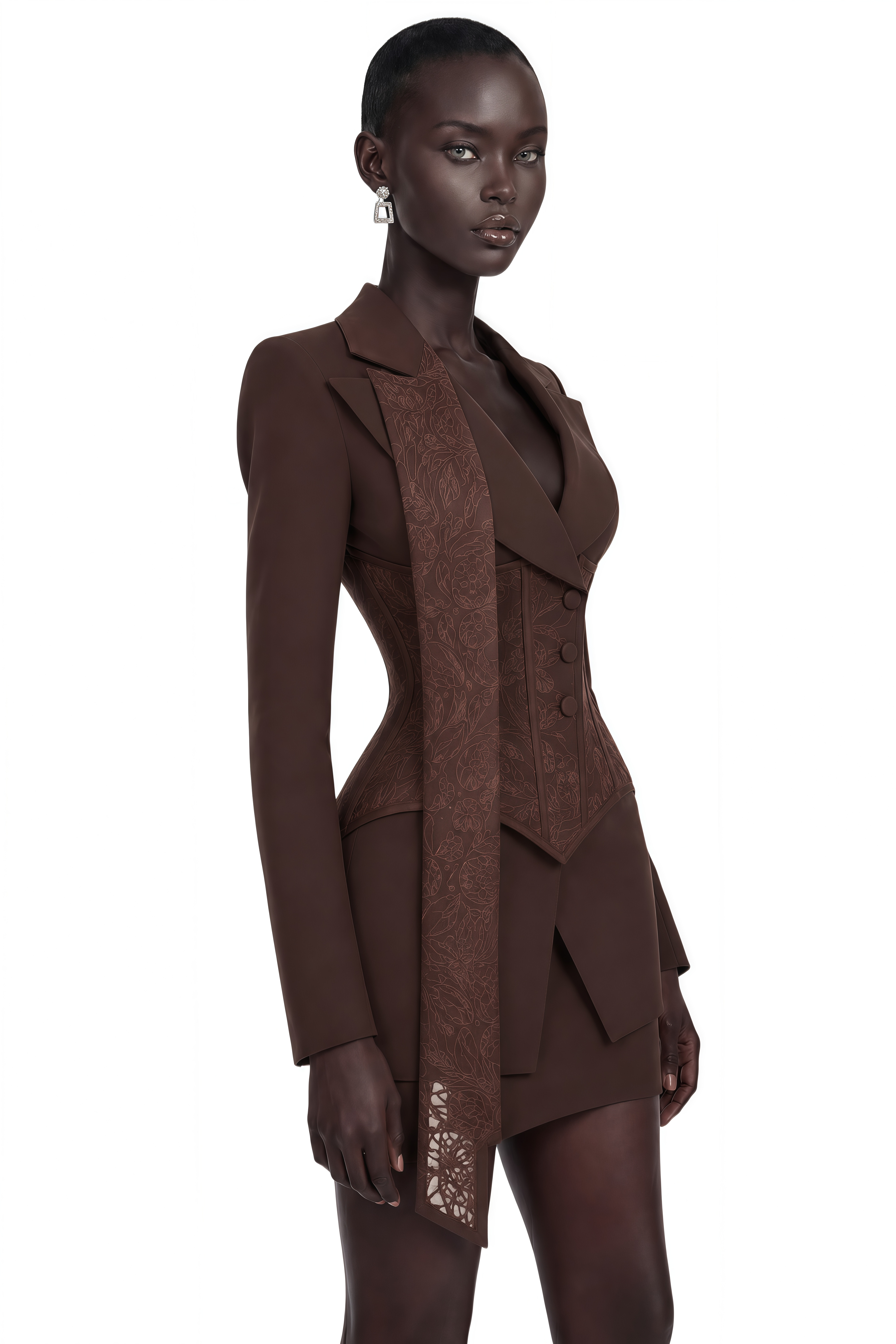 Ensemble blazer et jupe marron Sienna avec empiècements en dentelle