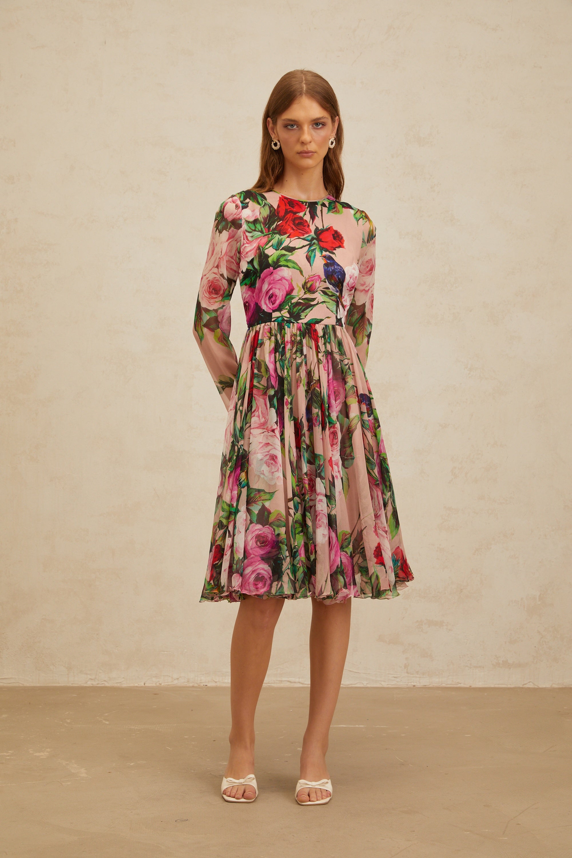 Coralie Pink Rose Print Summer Silk Midi Dress (Final Sale-US Only)