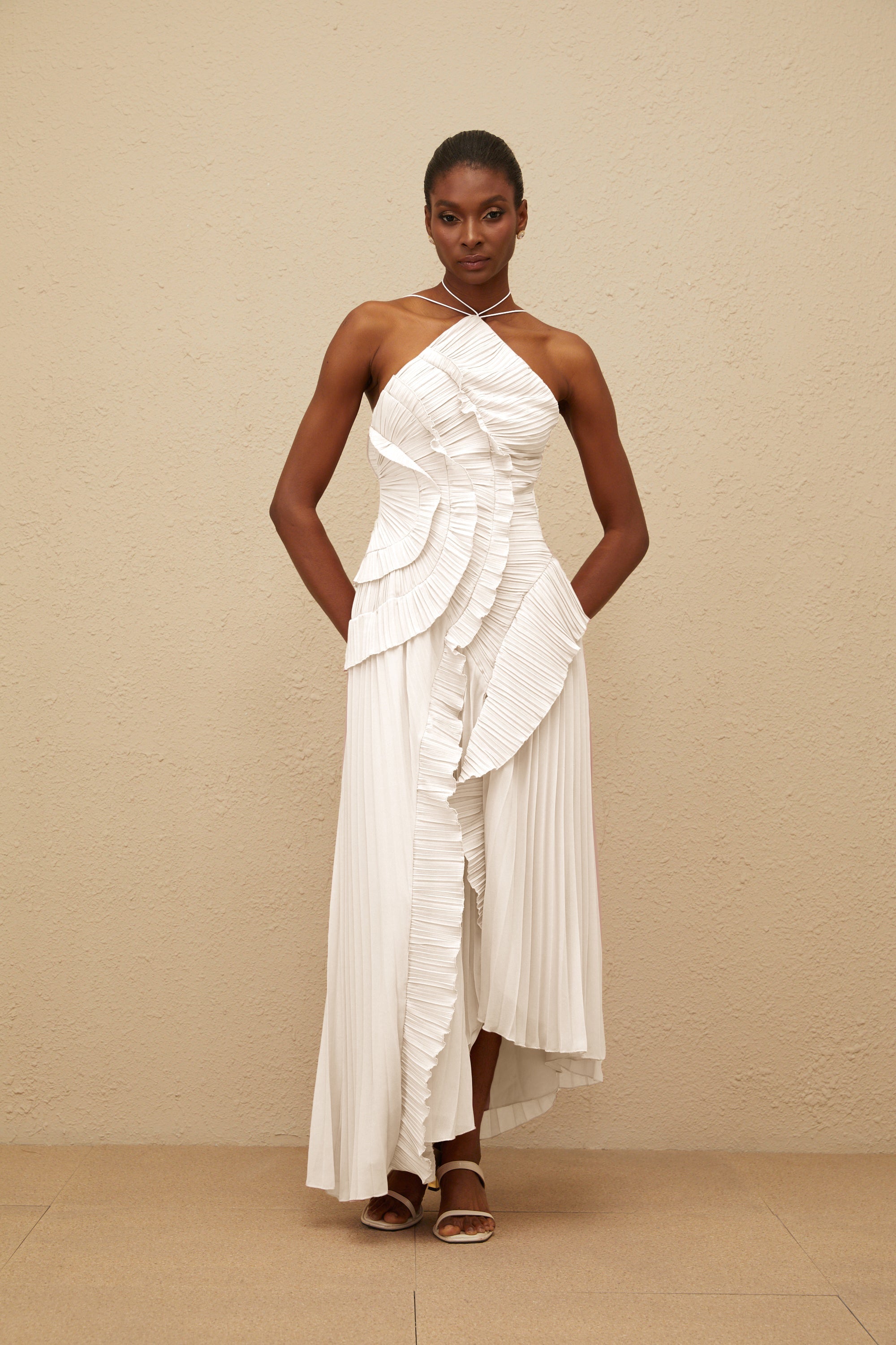 Doux White Ruffled Trim Pleated Midi Dress