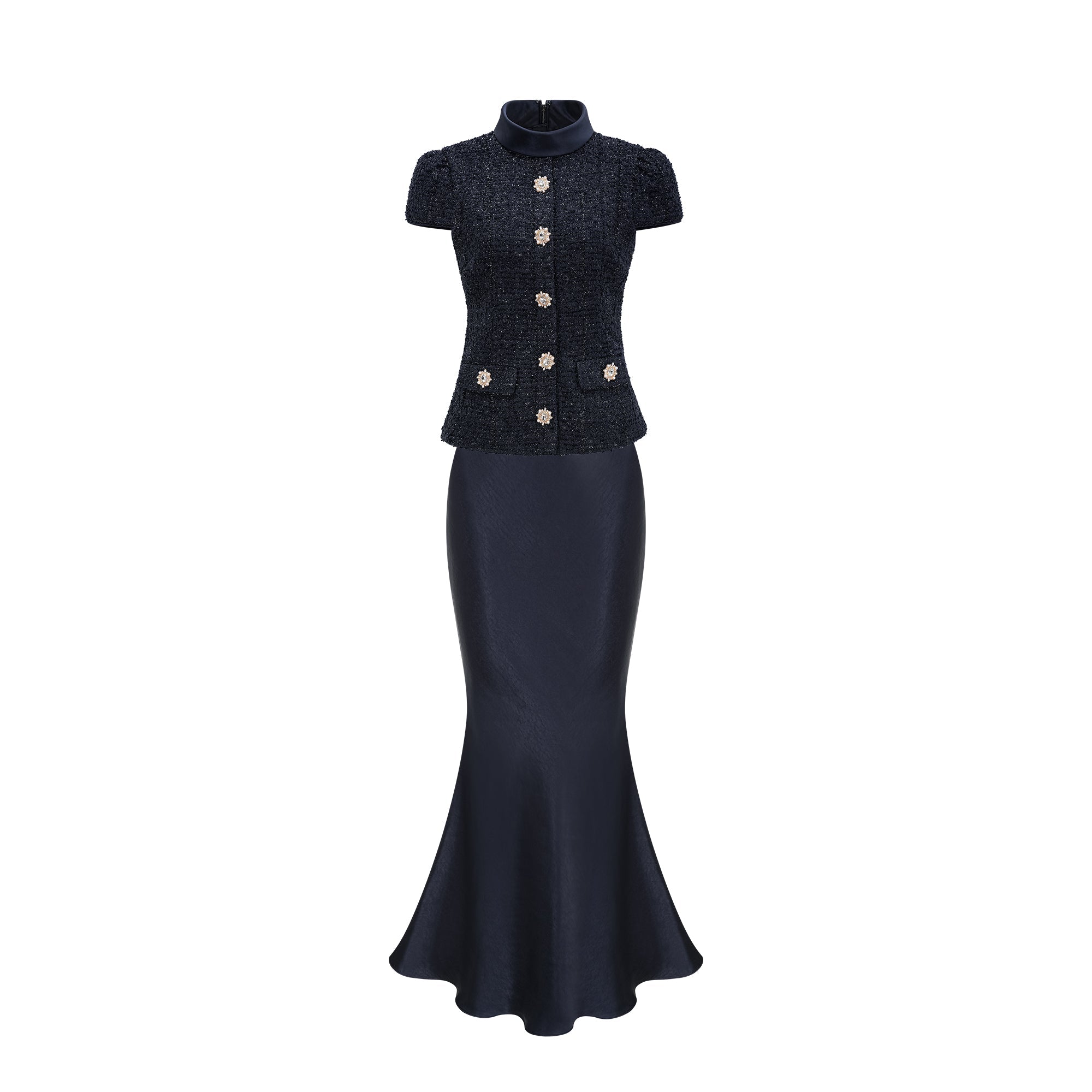 Navy blue short-sleeve maxi dress with a peplum jacket bodice and satin skirt
