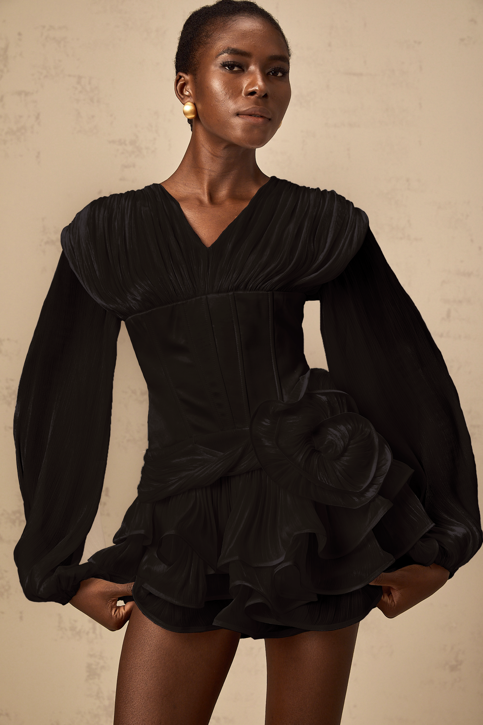 Rosier Black Fully Pleated Cinched Mini Dress (Final Sale)