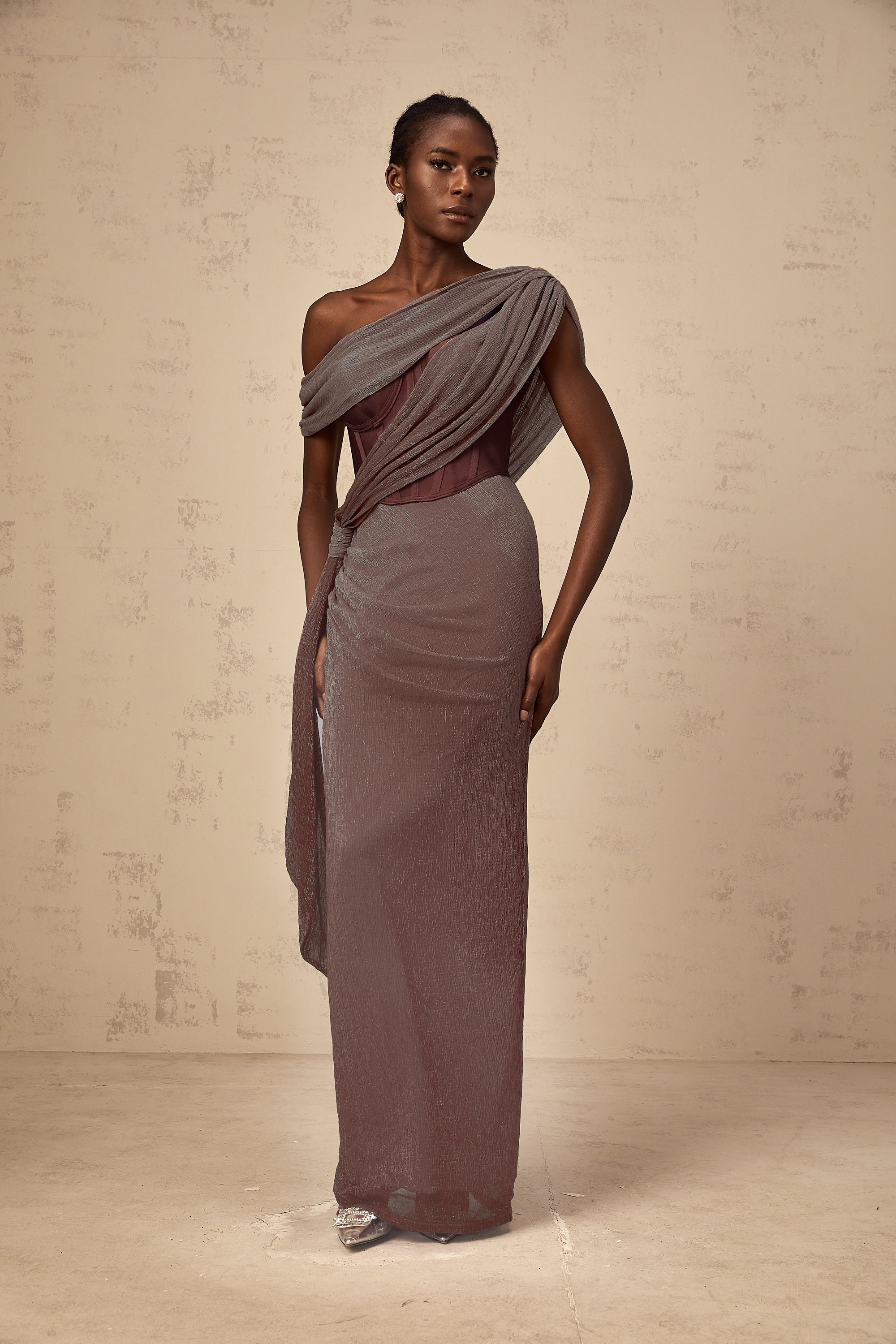 Delphine ribbon-design corset maxi dress in Brown (Final Sale-US Only)