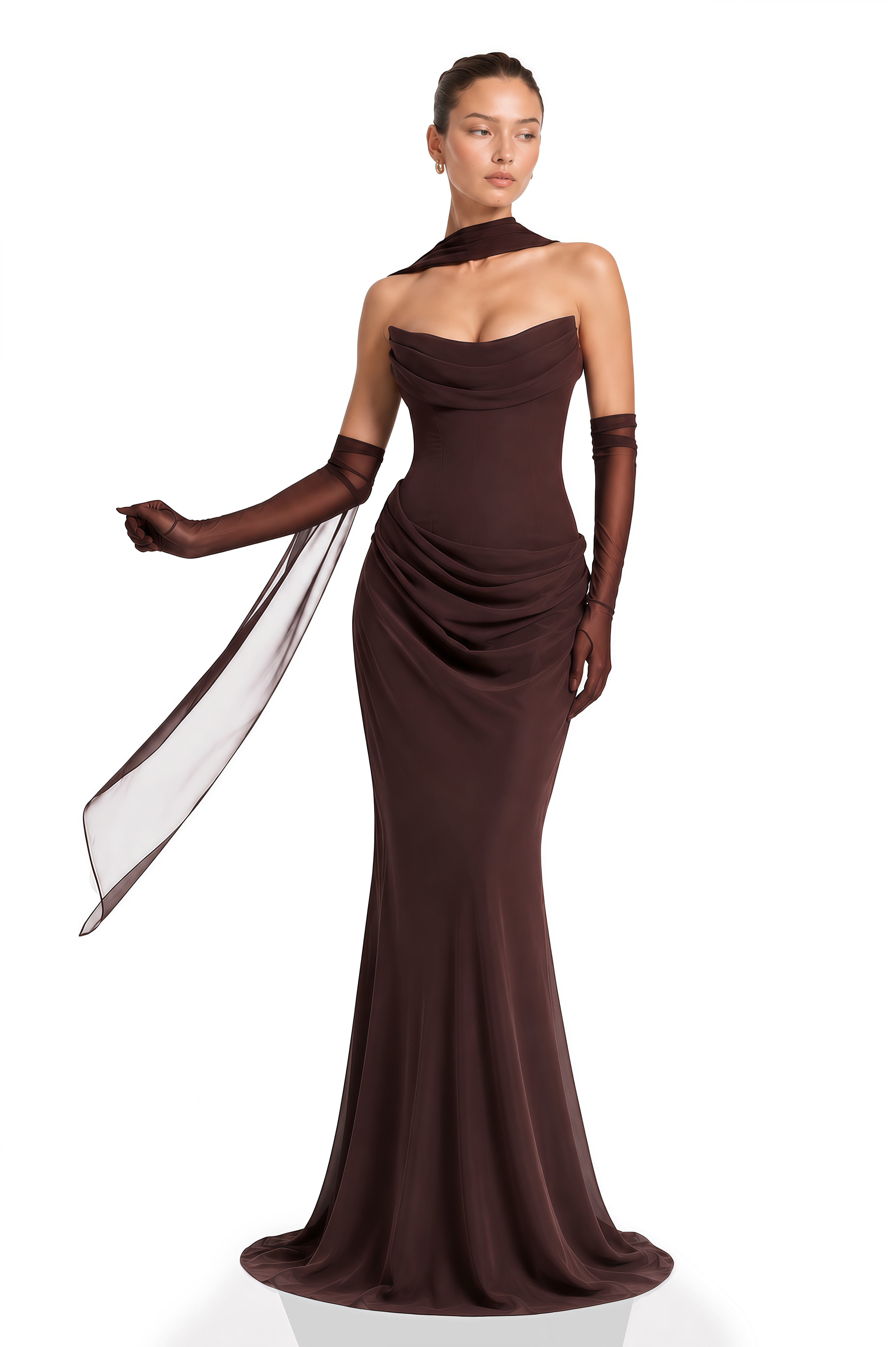 Vedette Brown Ruched Corset Maxi Dress (Without Gloves)
