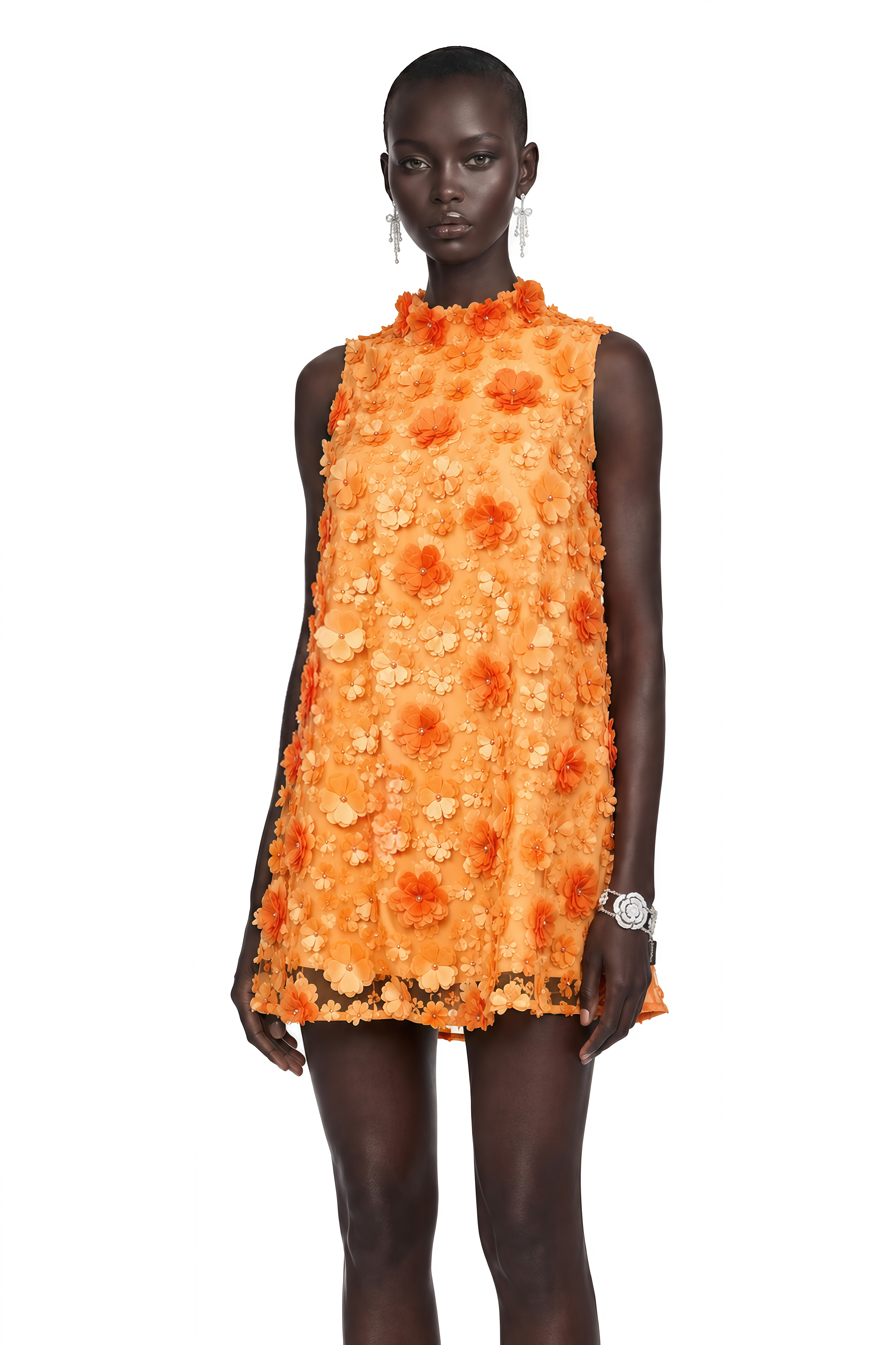 Orphée Orange Faux-Flower Mini Dress