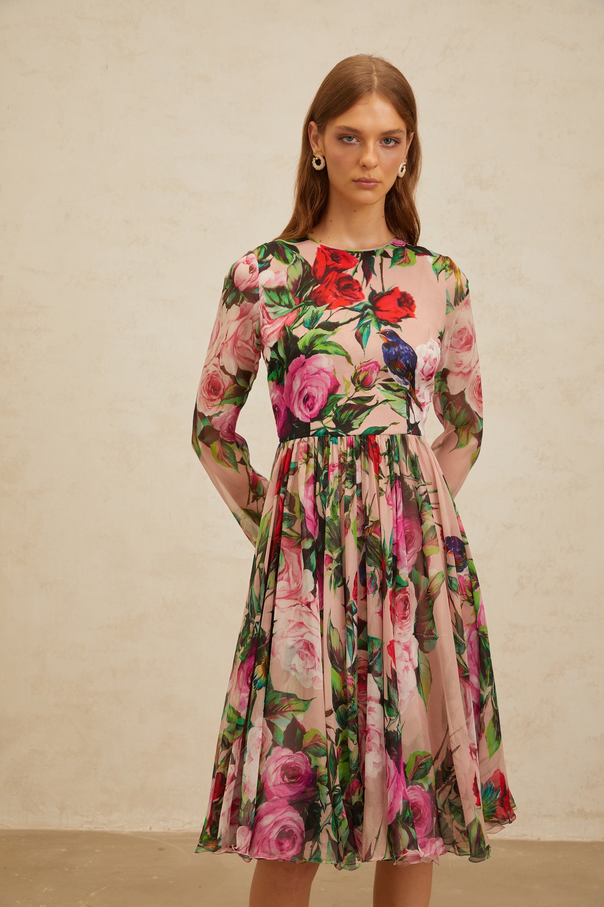Coralie Pink Rose Print Summer Silk Midi Dress (Final Sale-US Only)