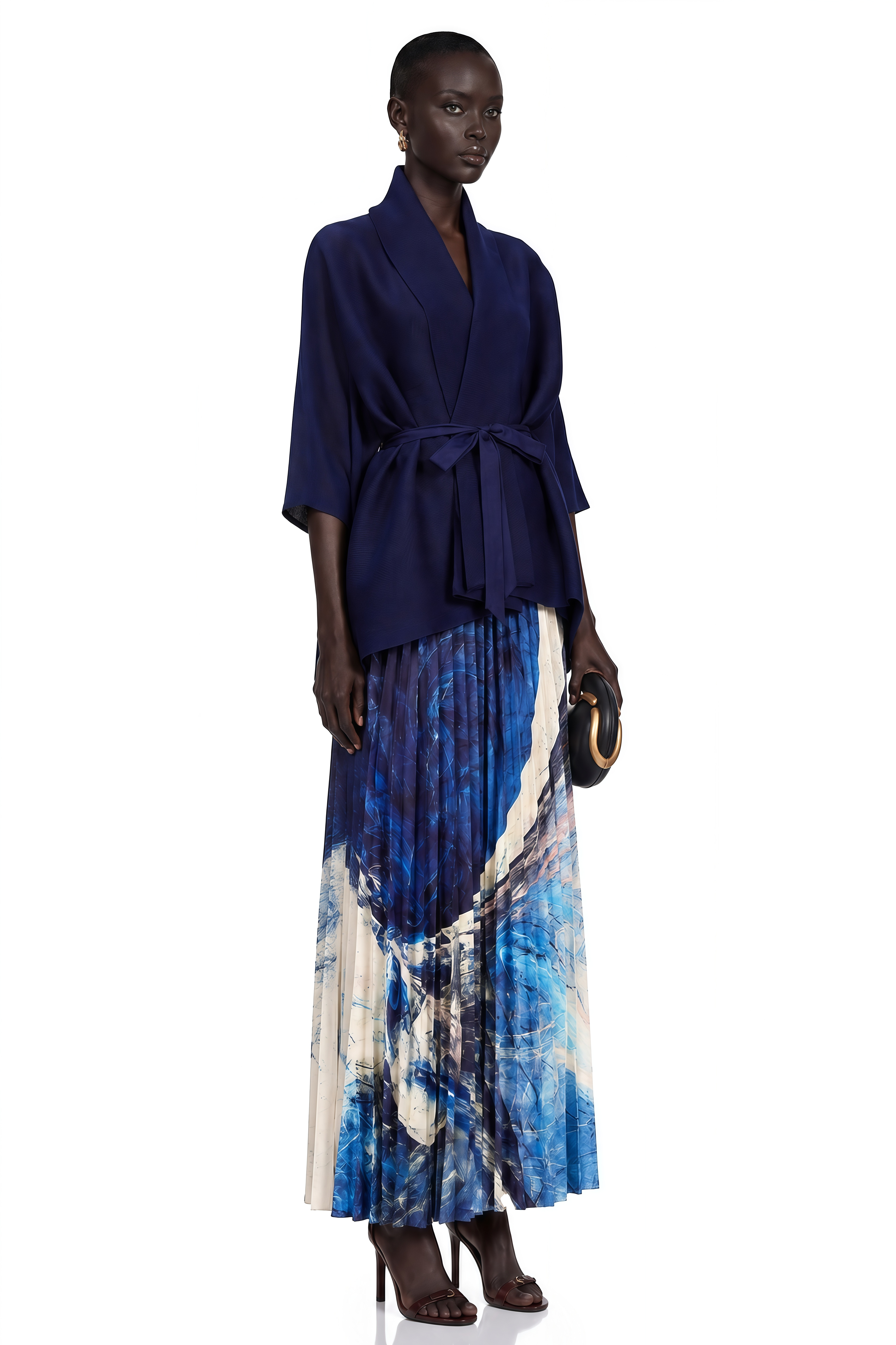 Debbie Blue Pattern-Print Creased Cape & Skirt Matching Set (Final Sale-US Only)