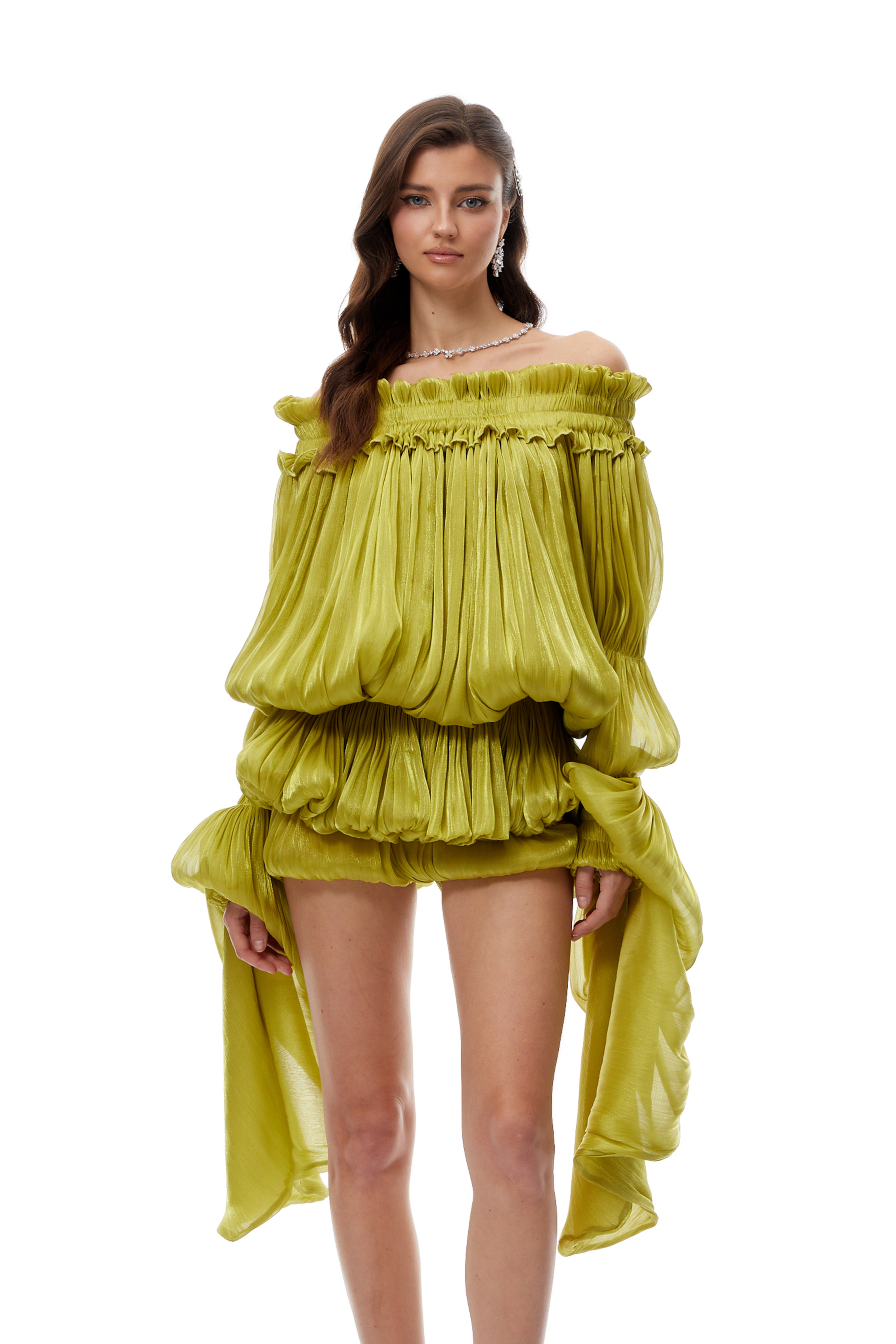 Off Shoulder Shirred Glossy Mini Dress