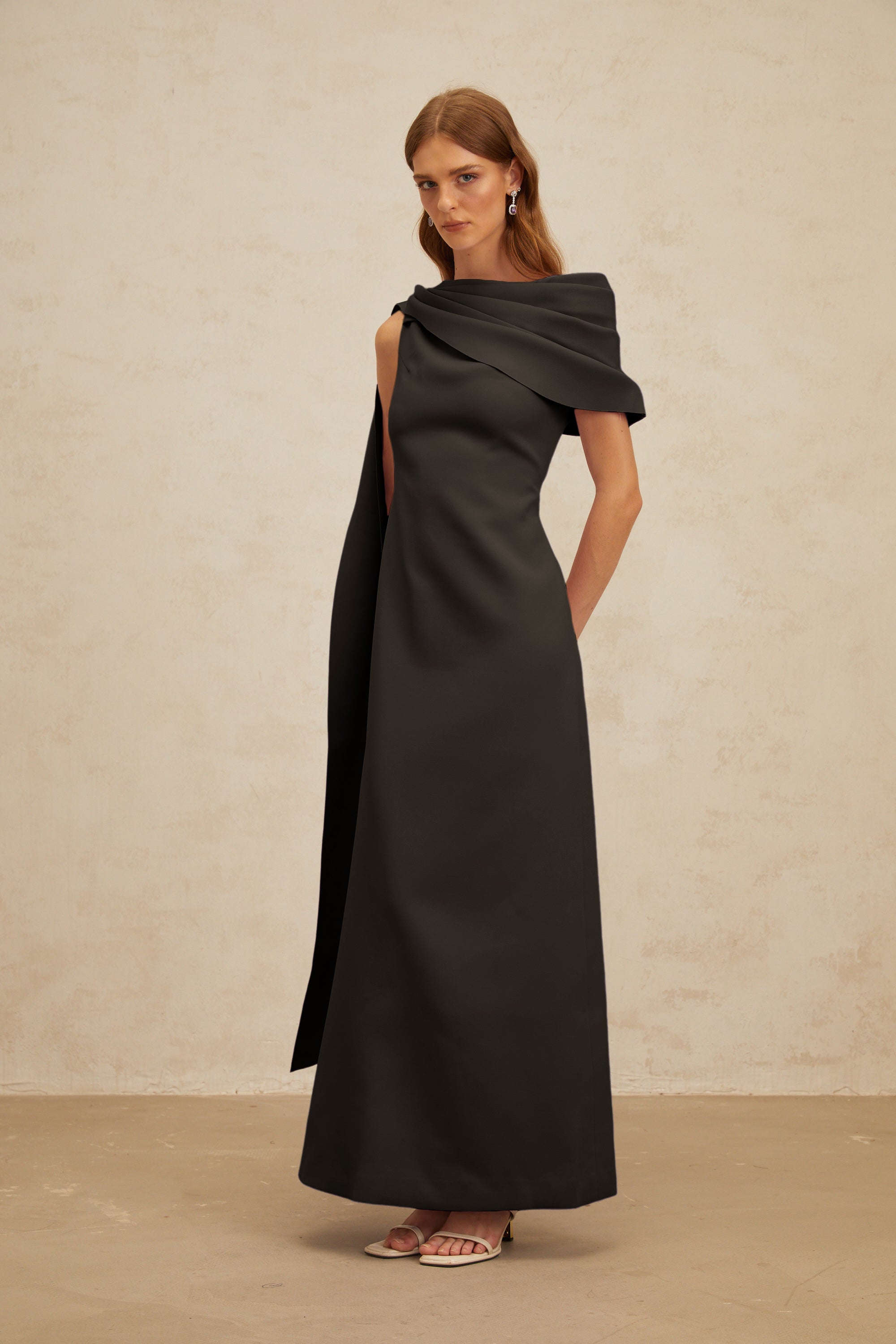 Annabelle Black Cape-Design Ribbon Maxi Dress (Final Sale-US Only)