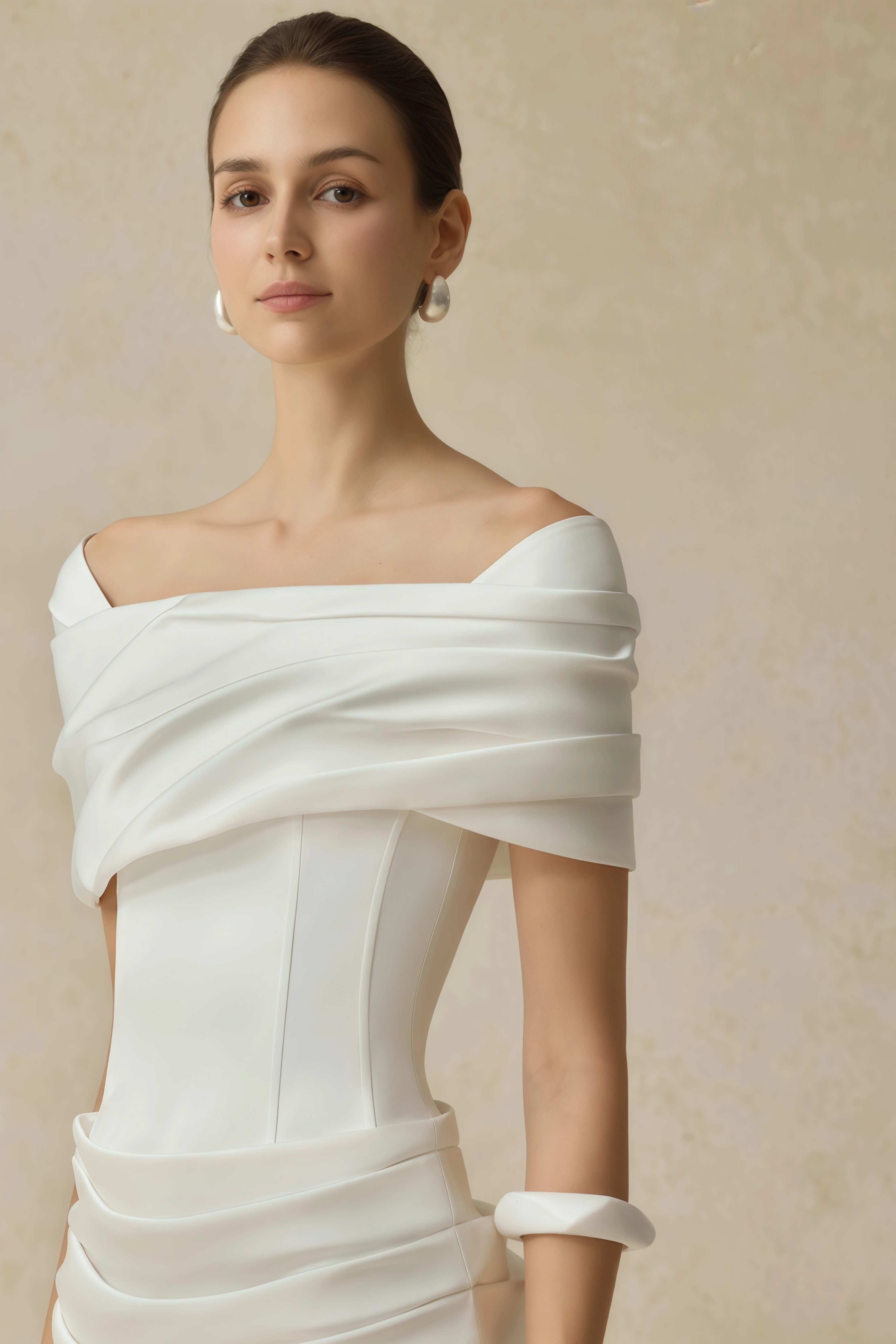 White off-the-shoulder gown with a draped bodice and cascading side ruffles