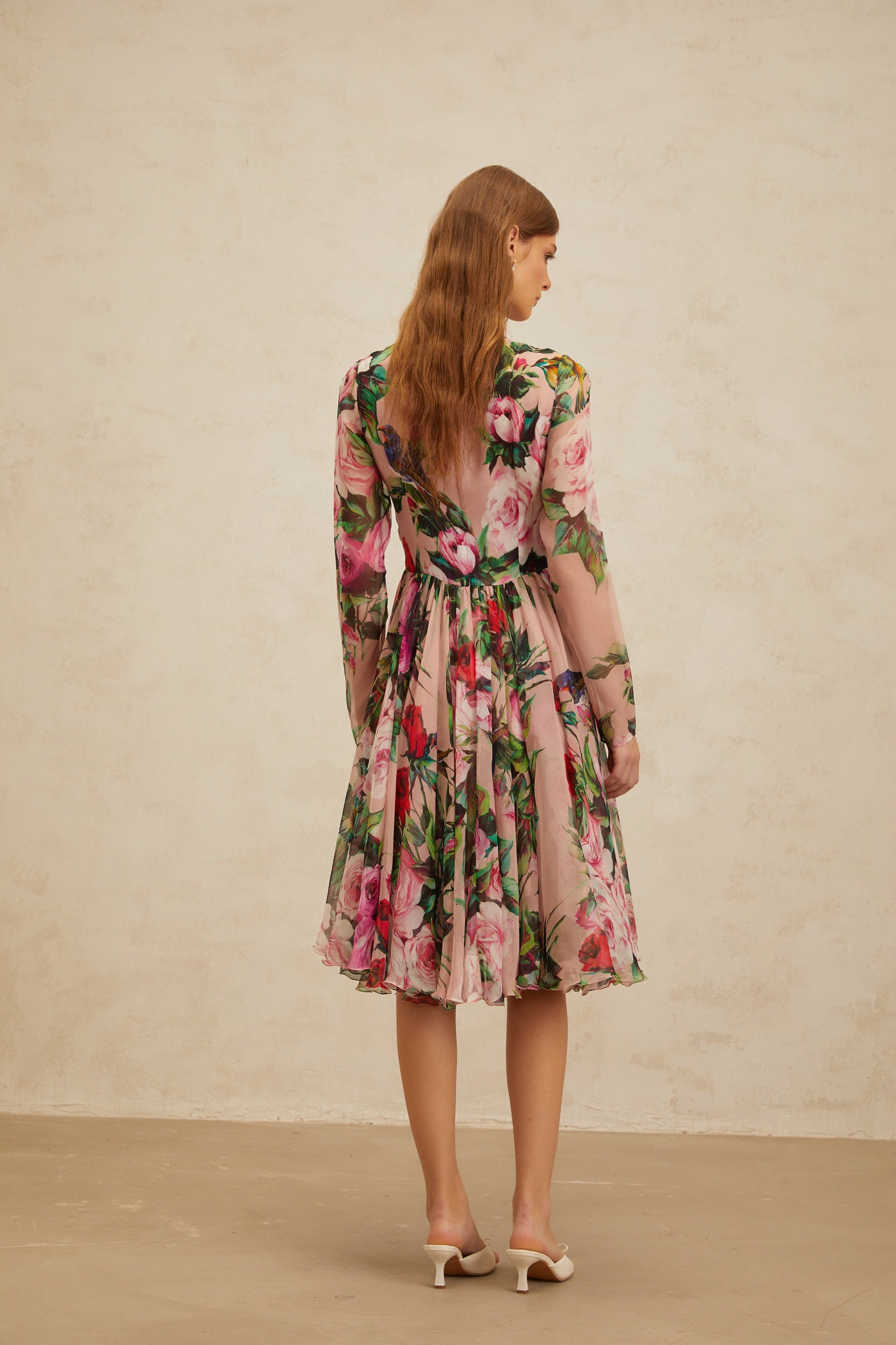 Coralie Pink Rose Print Summer Silk Midi Dress (Final Sale-US Only)