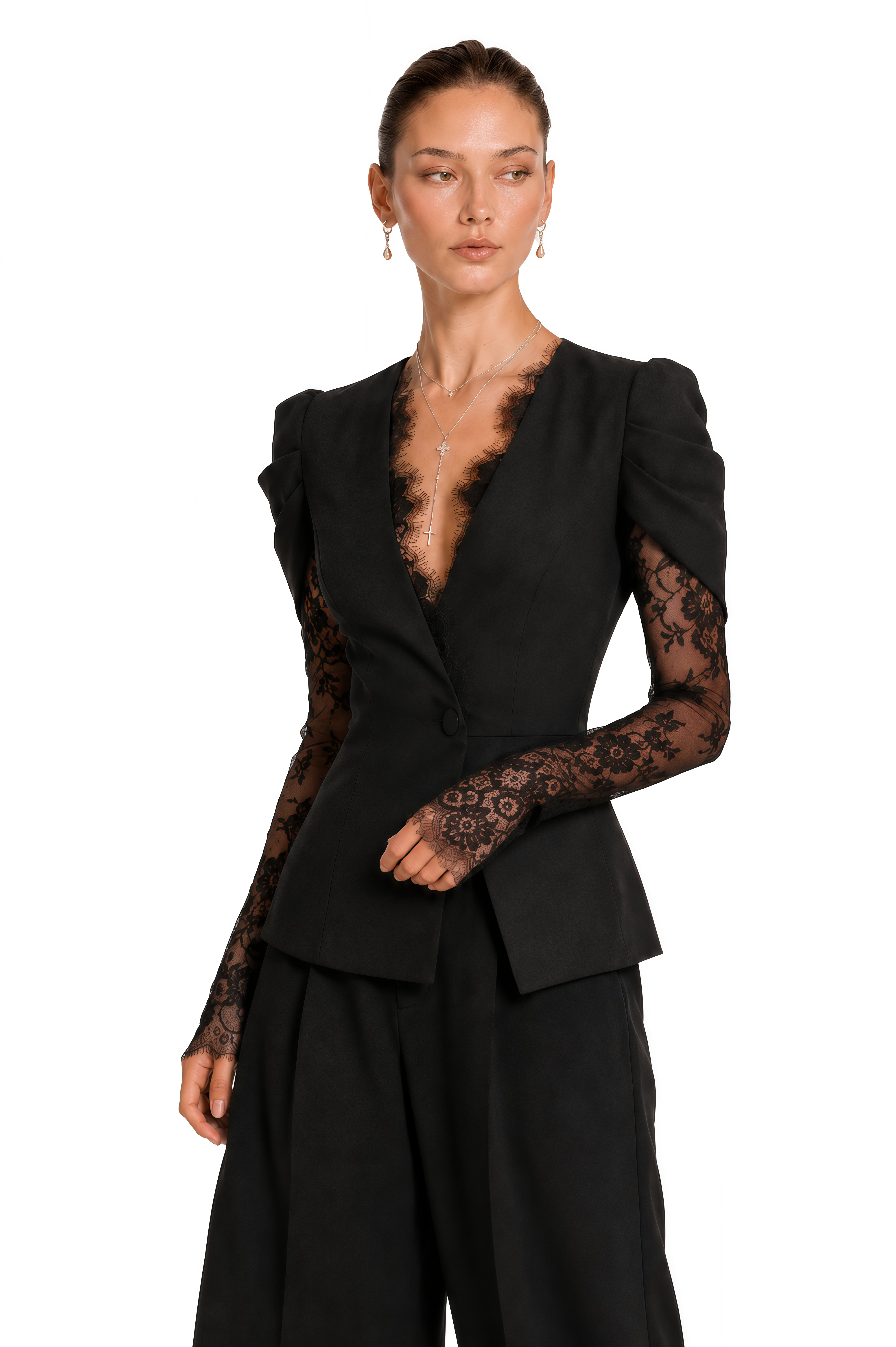 Saffron Black Collarless Blazer with Lace Trim