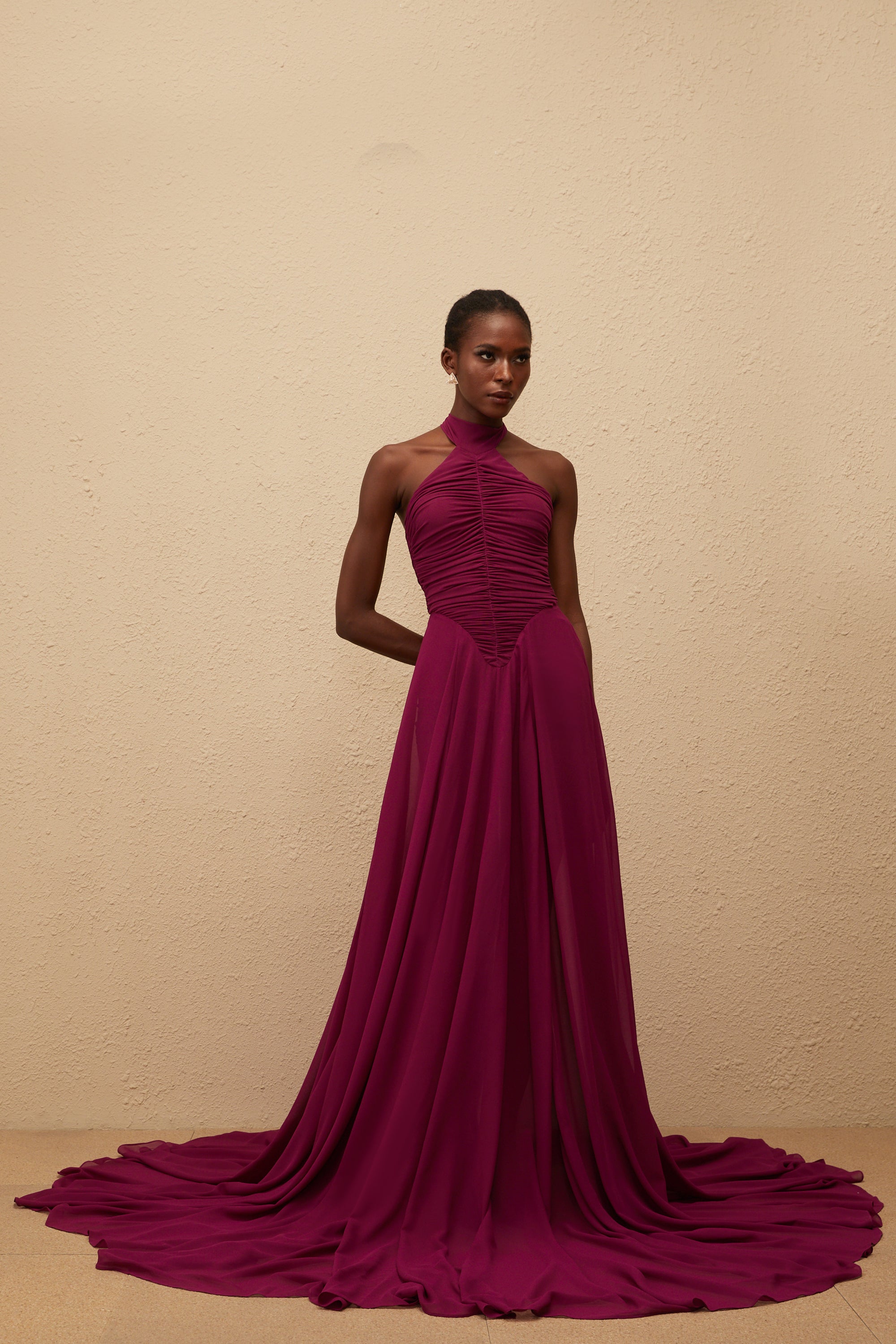 Kerstin Purple Train Design Ruched Maxi Dress