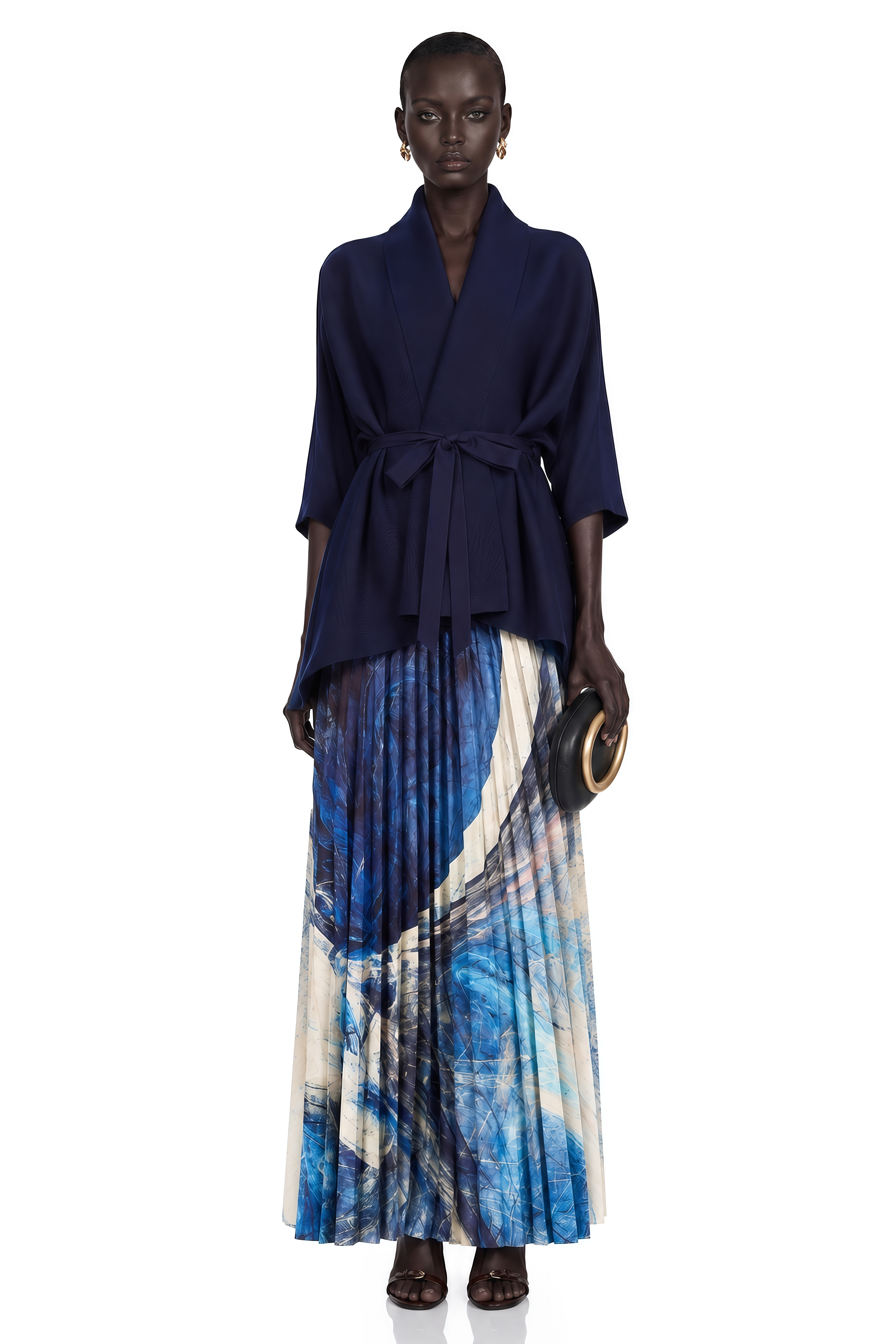 Debbie Blue Pattern-Print Creased Cape & Skirt Matching Set (Final Sale-US Only)