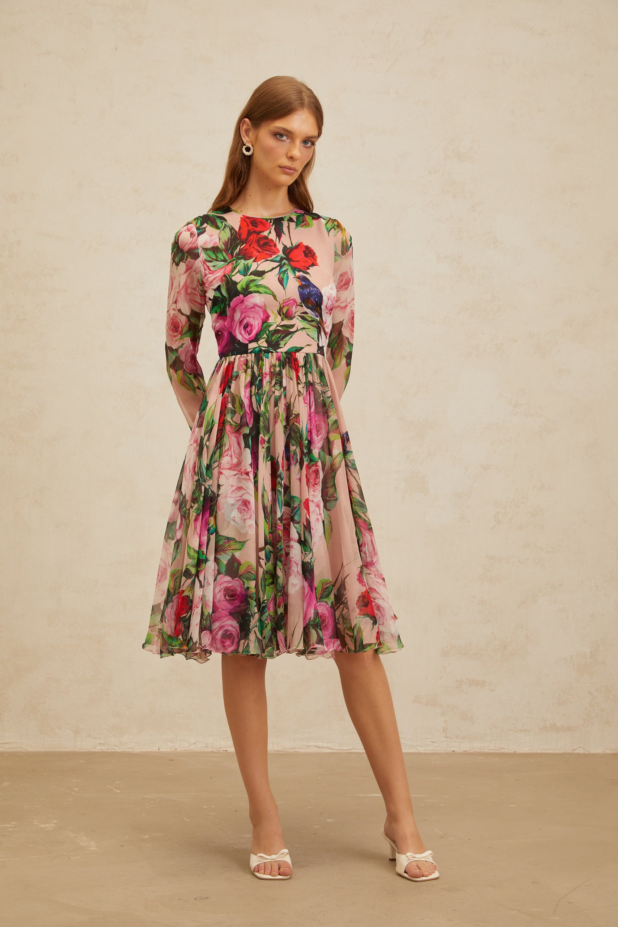 Coralie Pink Rose Print Summer Silk Midi Dress (Final Sale-US Only)