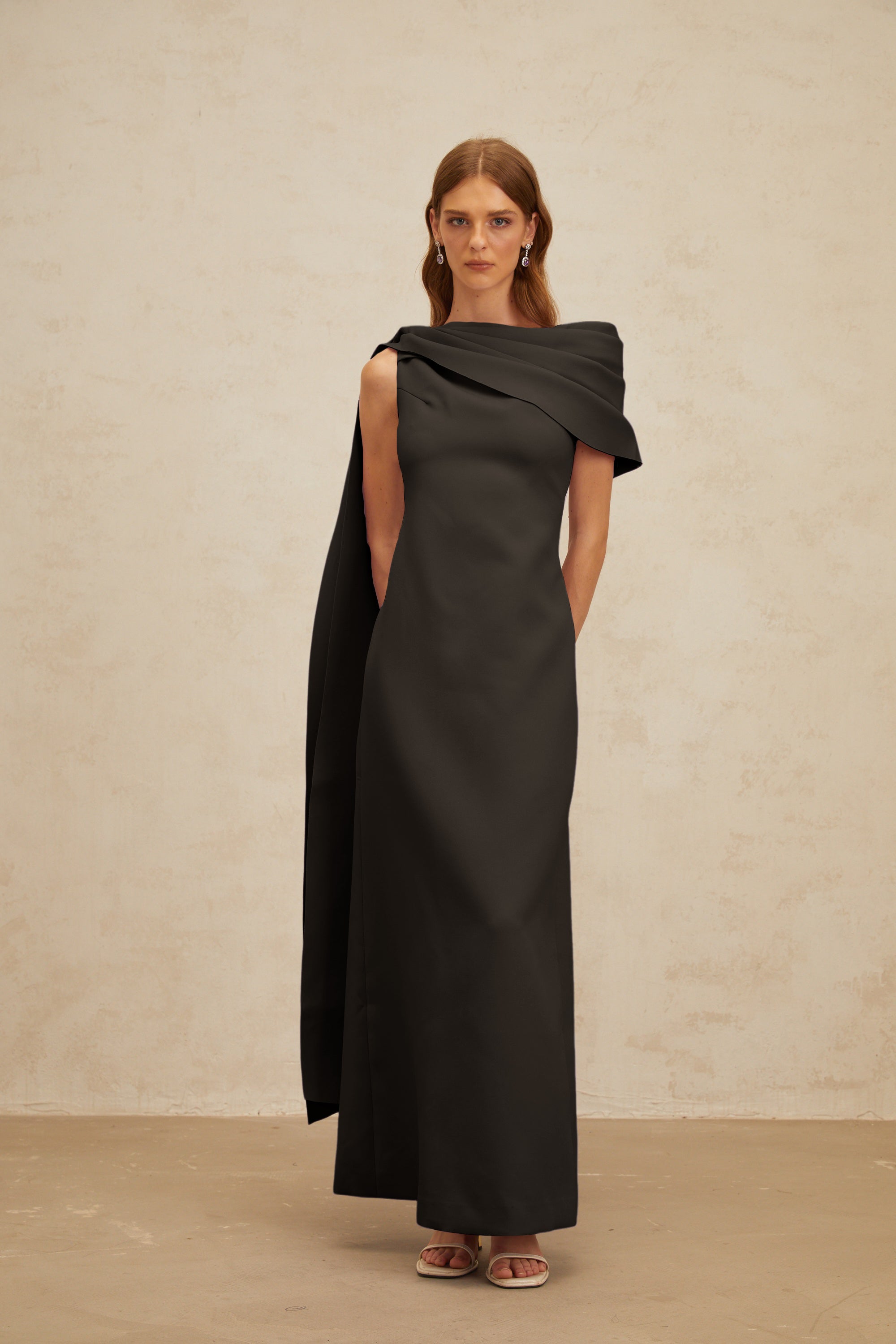 Annabelle Black Cape-Design Ribbon Maxi Dress (Final Sale-US Only)